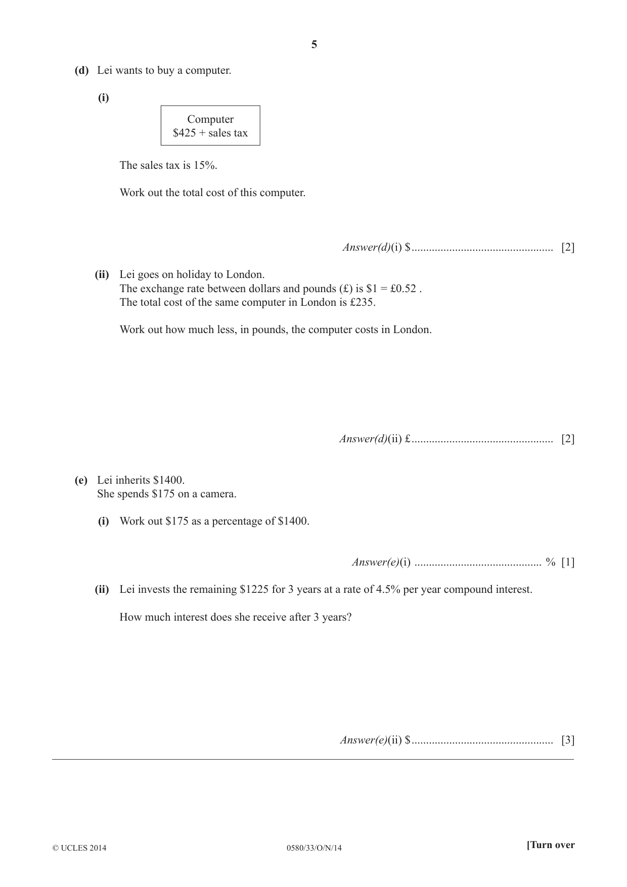 Cambridge IGCSE Mathematics 0580 2014 Oct/Nov Paper 3 · Variant 3 question paper, page 5 of 16