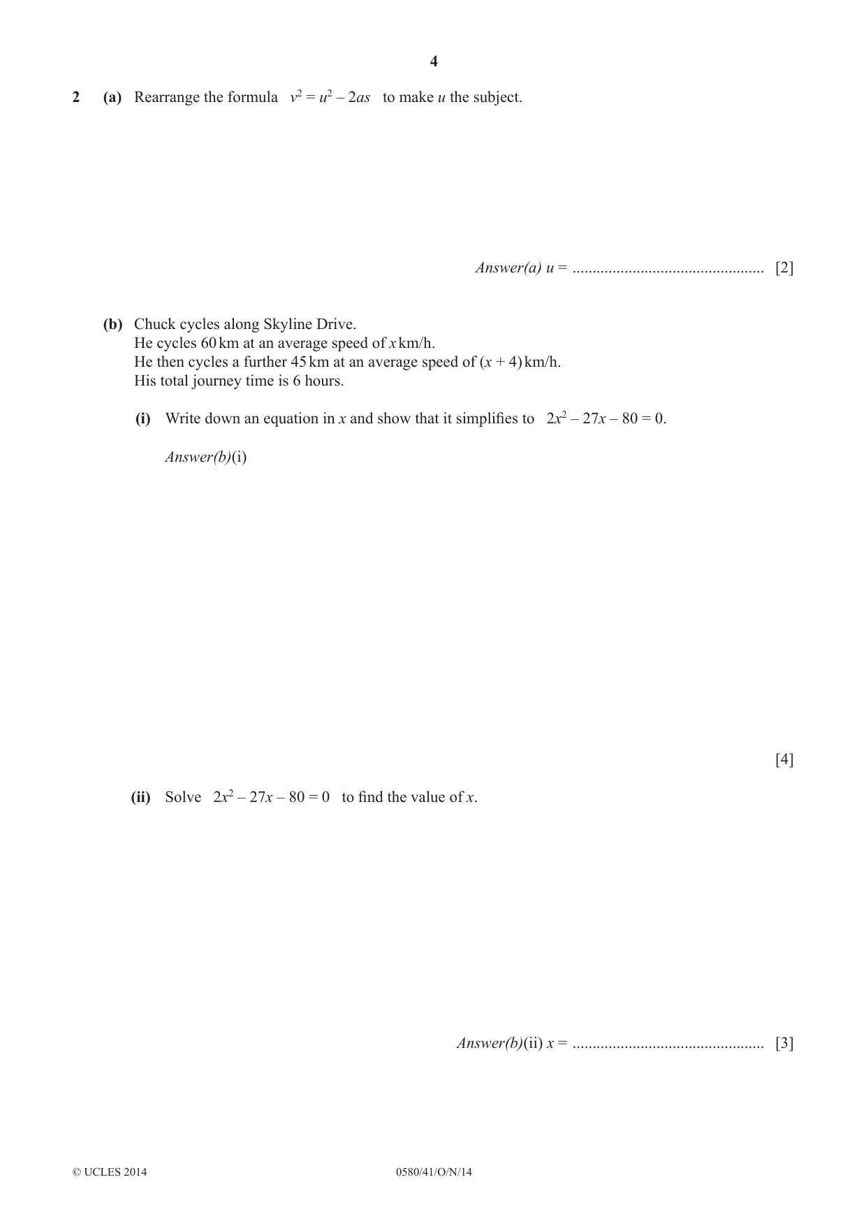 Cambridge IGCSE Mathematics 0580 2014 Oct/Nov Paper 4 · Variant 1 question paper, page 4 of 20