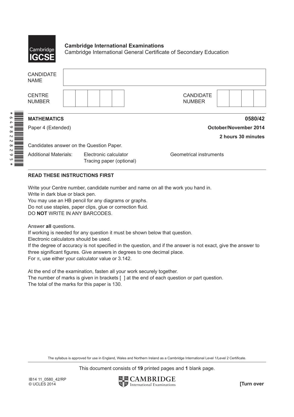Cambridge IGCSE Mathematics 0580 2014 Oct/Nov Paper 4 · Variant 2 question paper, page 1 of 20