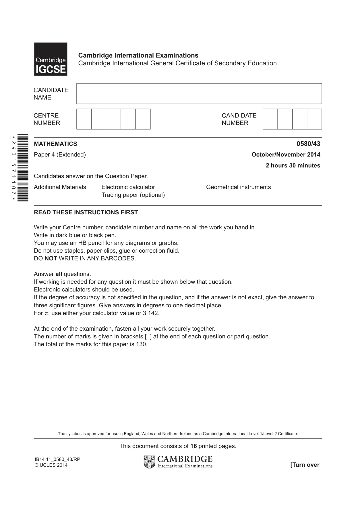Cambridge IGCSE Mathematics 0580 2014 Oct/Nov Paper 4 · Variant 3 question paper, page 1 of 16