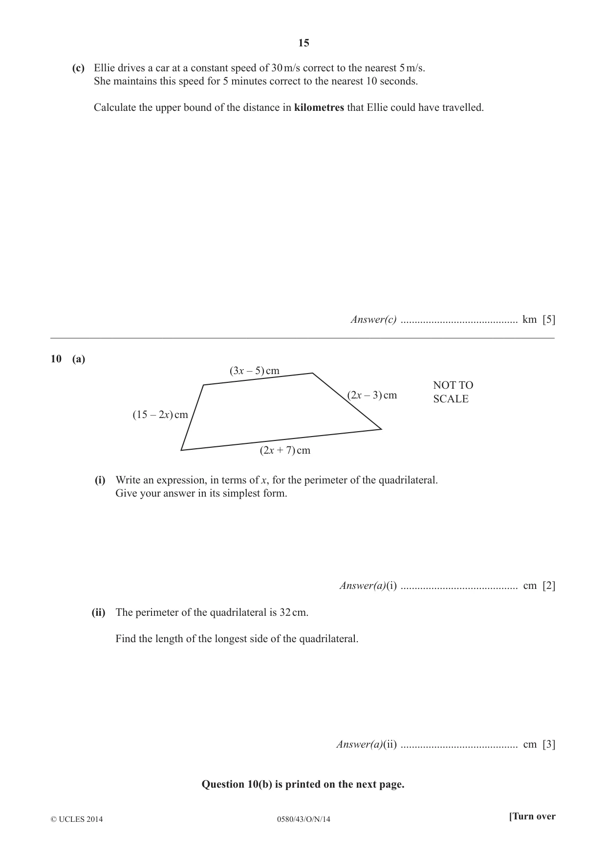 Cambridge IGCSE Mathematics 0580 2014 Oct/Nov Paper 4 · Variant 3 question paper, page 15 of 16