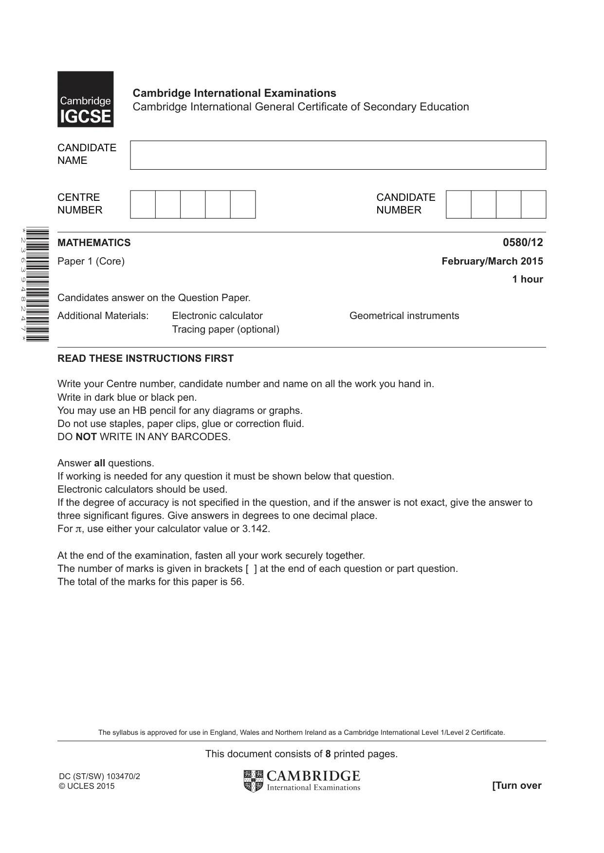 Cambridge IGCSE Mathematics 0580 2015 Feb/March Paper 1 · Variant 2 question paper, page 1 of 8
