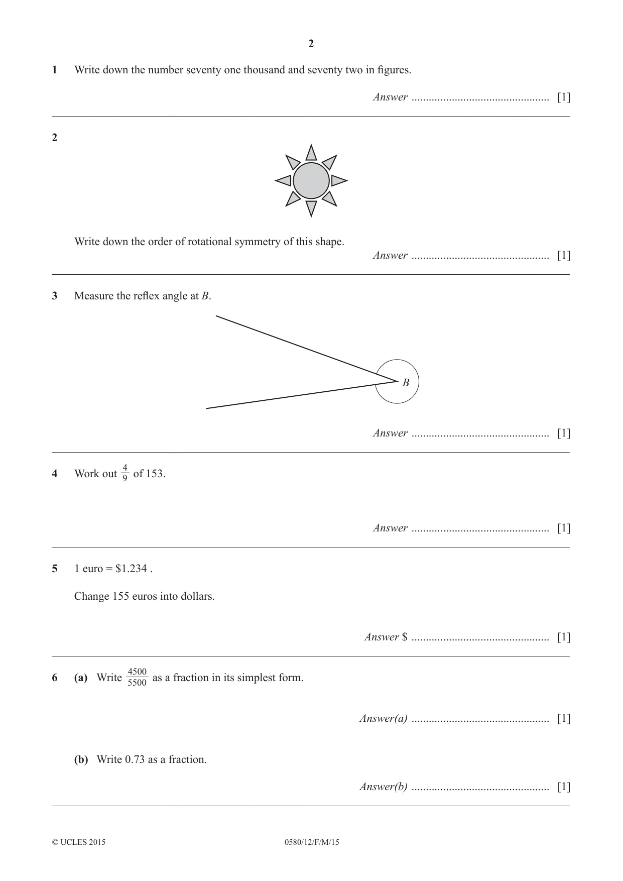 Cambridge IGCSE Mathematics 0580 2015 Feb/March Paper 1 · Variant 2 question paper, page 2 of 8