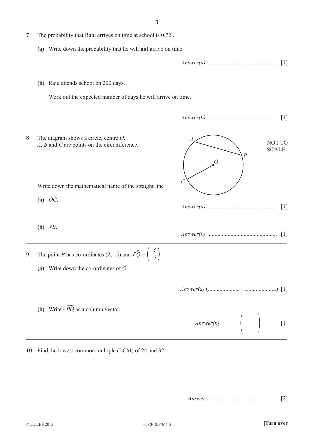 Cambridge IGCSE Mathematics 0580 2015 Feb/March Paper 1 · Variant 2 question paper, page 3 of 8