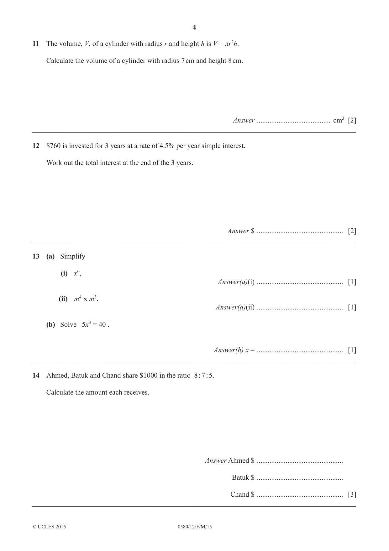 Cambridge IGCSE Mathematics 0580 2015 Feb/March Paper 1 · Variant 2 question paper, page 4 of 8