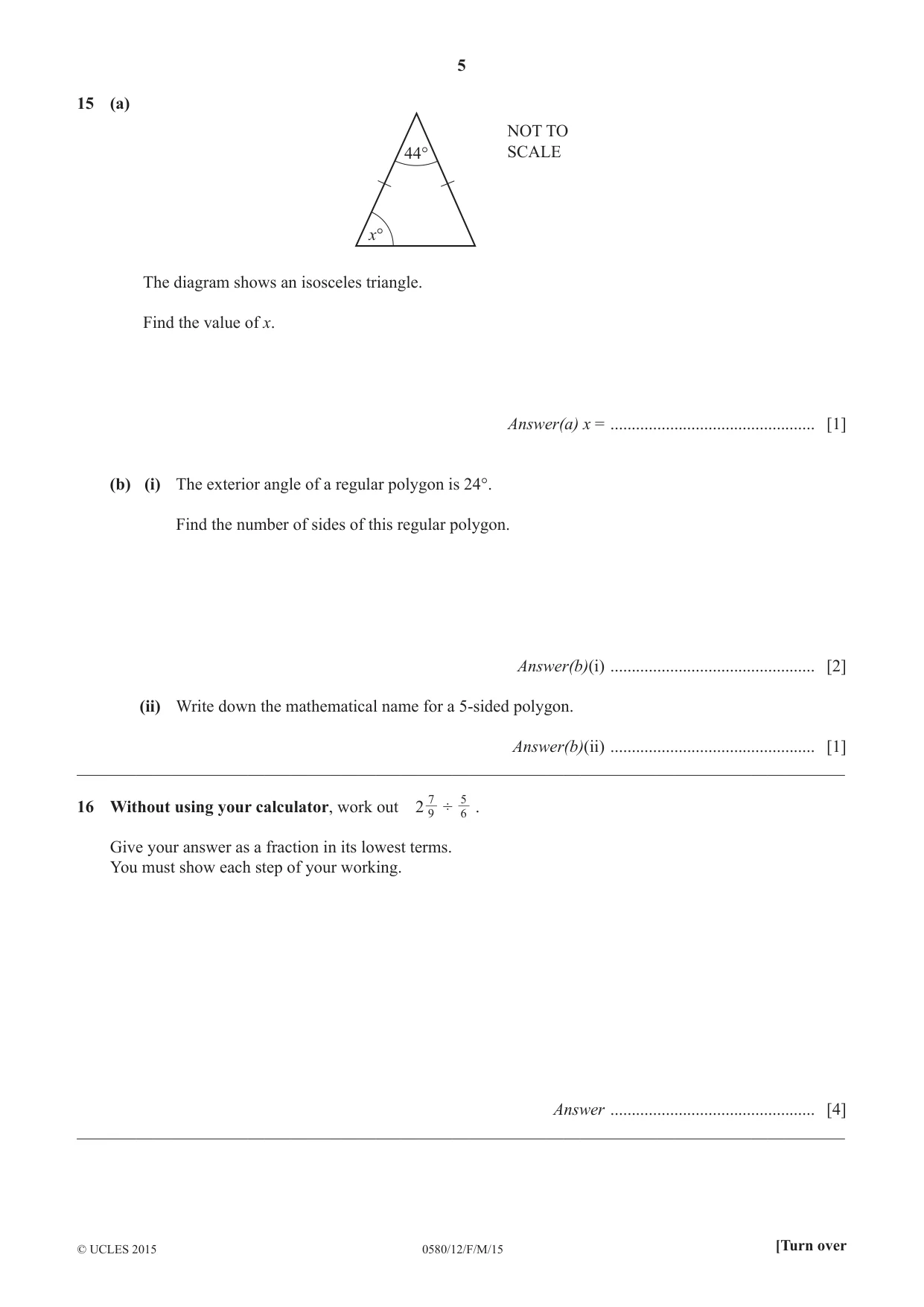Cambridge IGCSE Mathematics 0580 2015 Feb/March Paper 1 · Variant 2 question paper, page 5 of 8