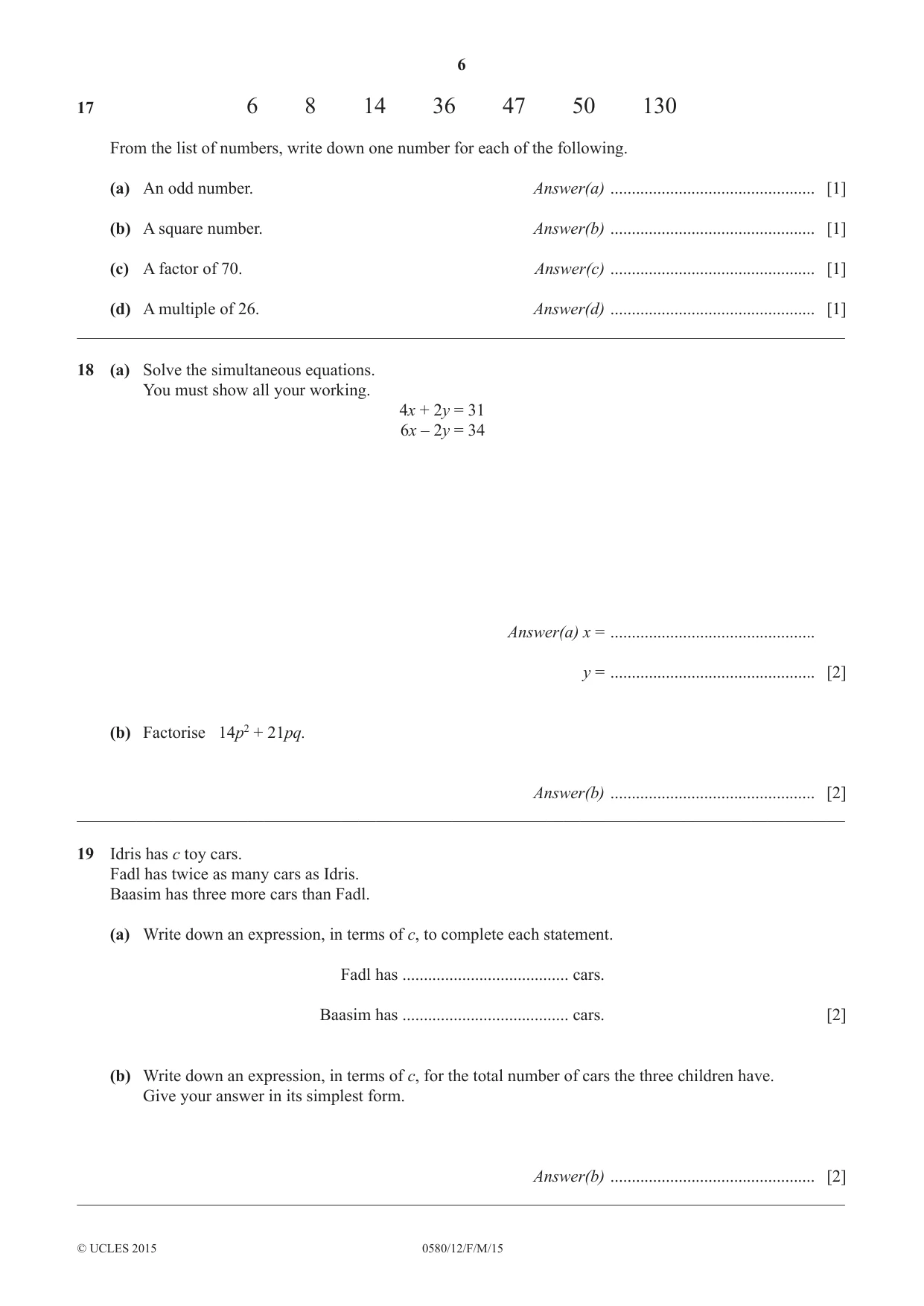 Cambridge IGCSE Mathematics 0580 2015 Feb/March Paper 1 · Variant 2 question paper, page 6 of 8