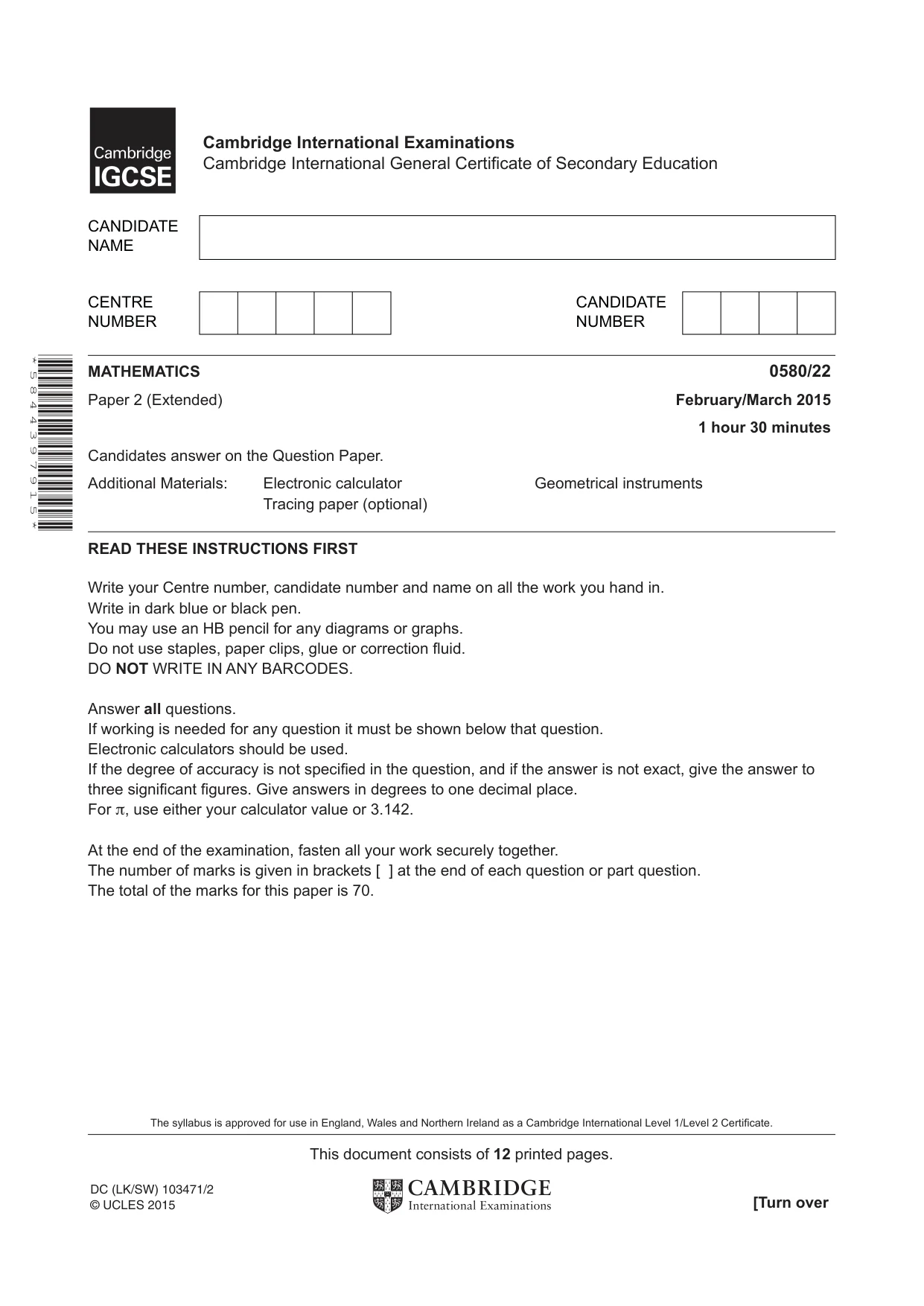 Cambridge IGCSE Mathematics 0580 2015 Feb/March Paper 2 · Variant 2 question paper, page 1 of 12