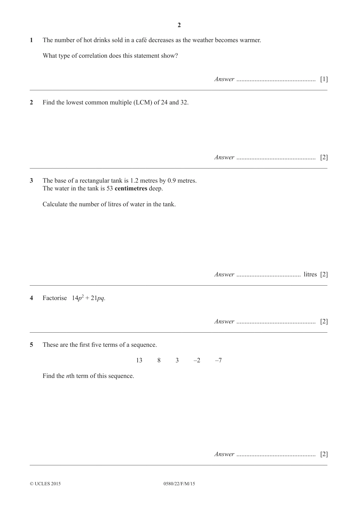 Cambridge IGCSE Mathematics 0580 2015 Feb/March Paper 2 · Variant 2 question paper, page 2 of 12
