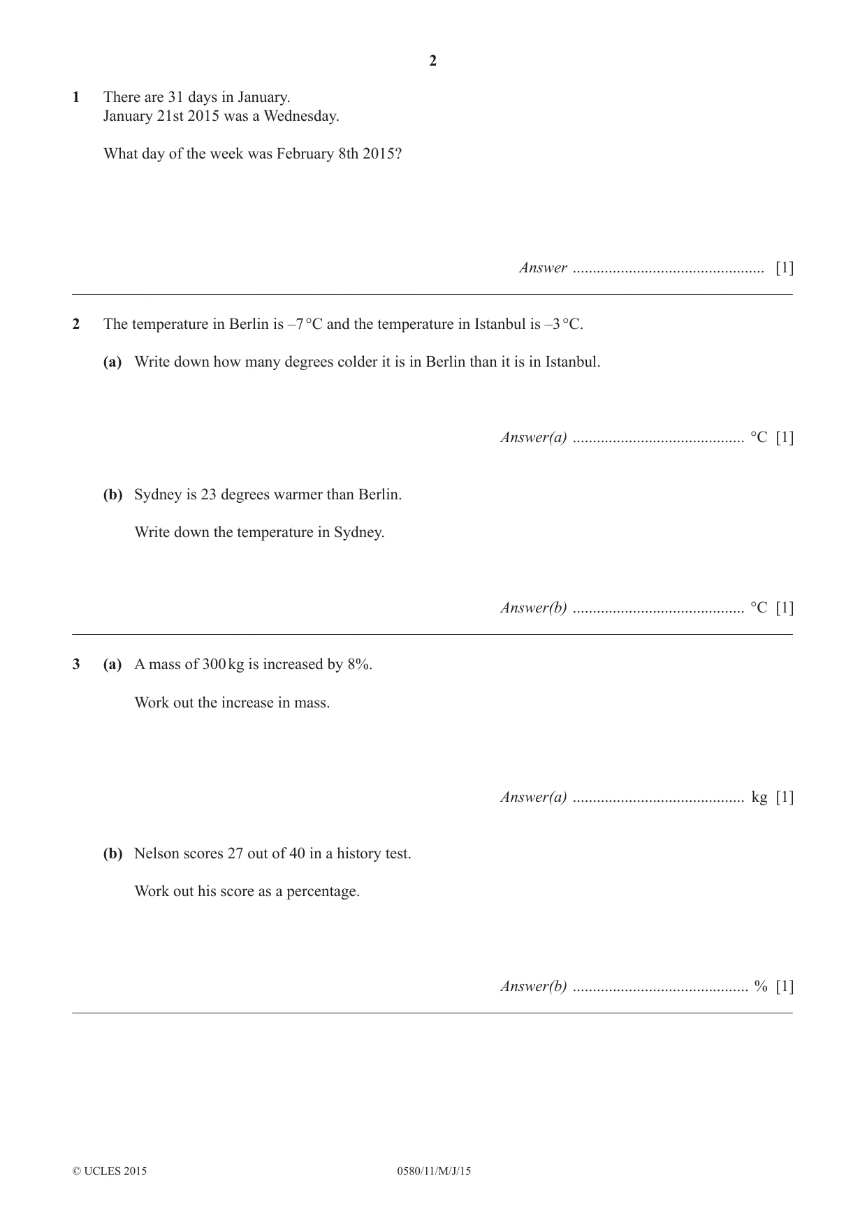 Cambridge IGCSE Mathematics 0580 2015 May/June Paper 1 · Variant 1 question paper, page 2 of 12