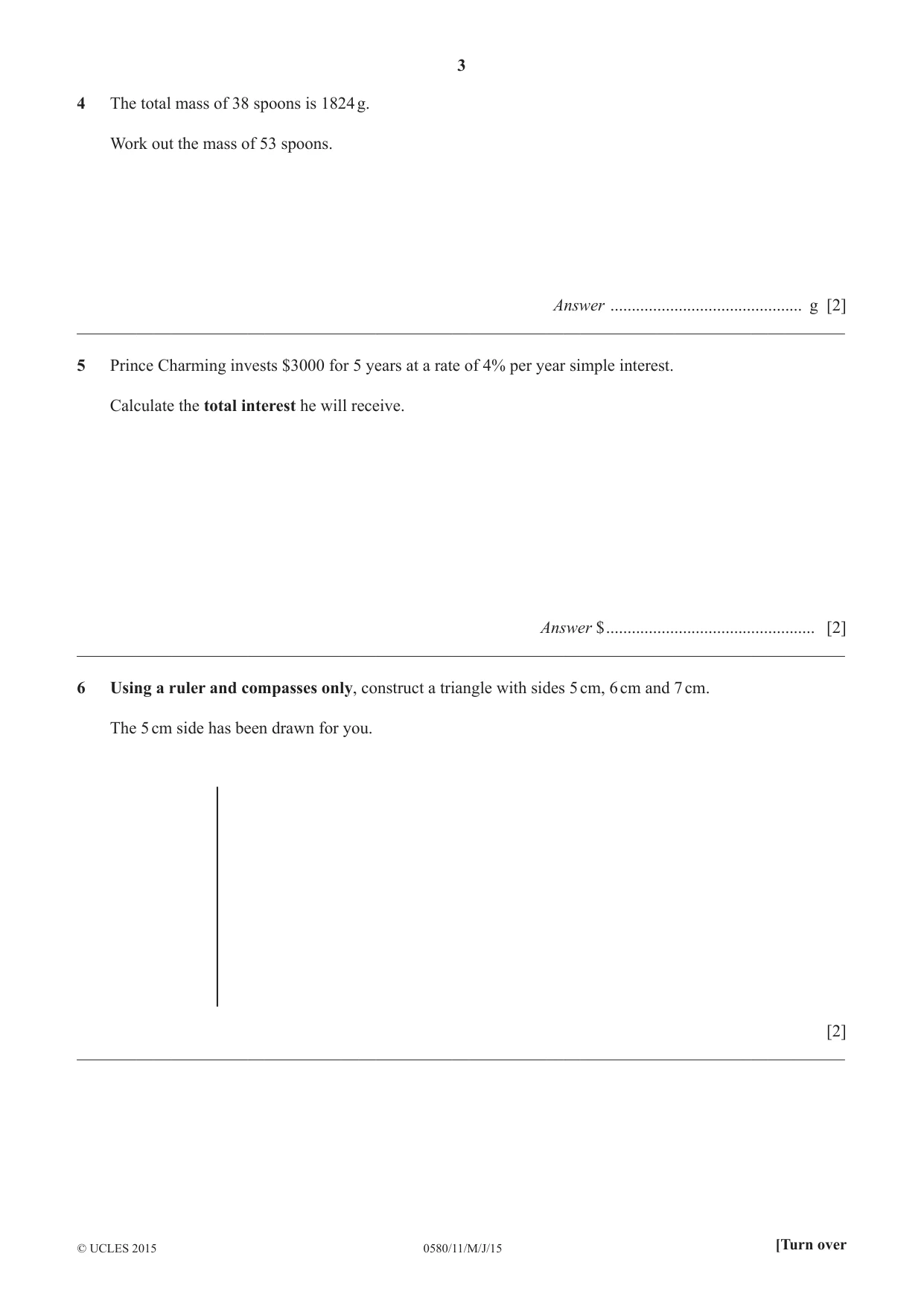 Cambridge IGCSE Mathematics 0580 2015 May/June Paper 1 · Variant 1 question paper, page 3 of 12