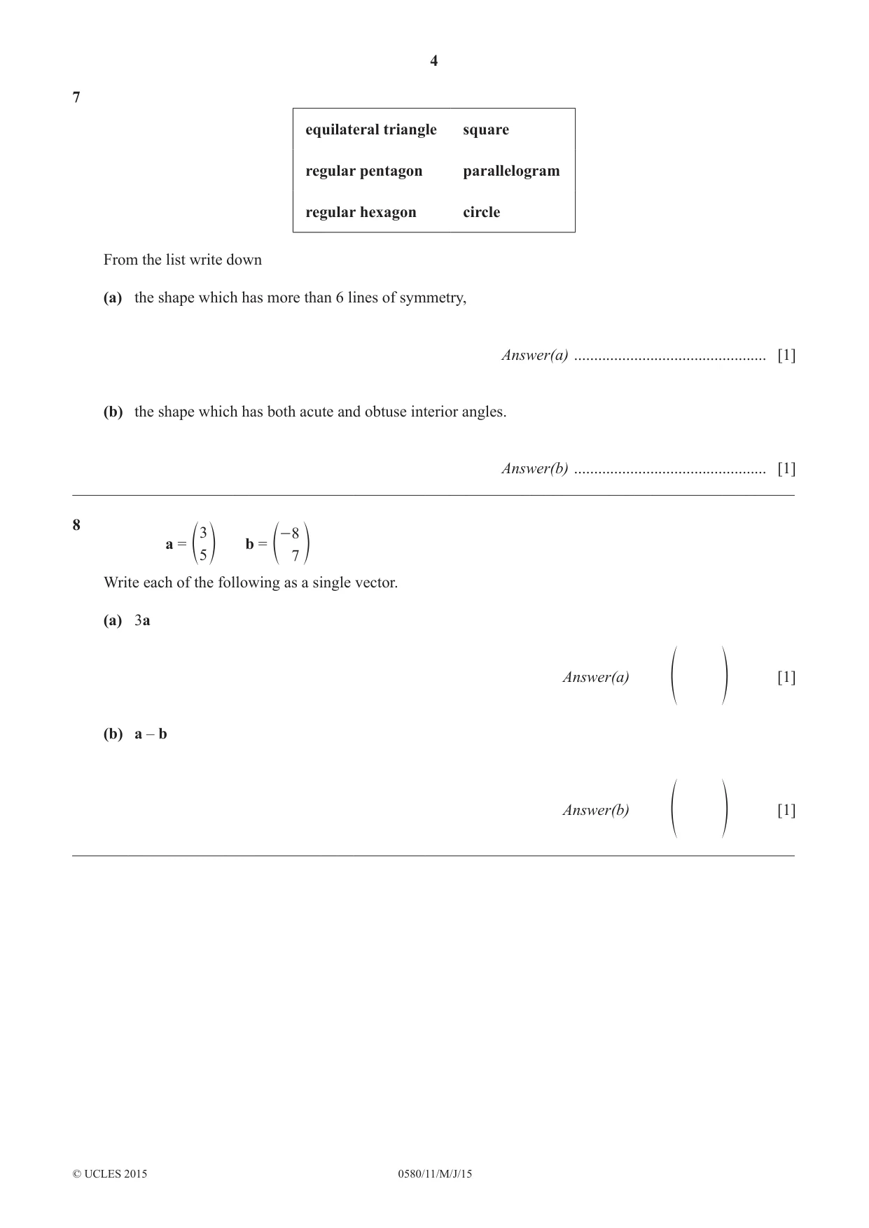 Cambridge IGCSE Mathematics 0580 2015 May/June Paper 1 · Variant 1 question paper, page 4 of 12