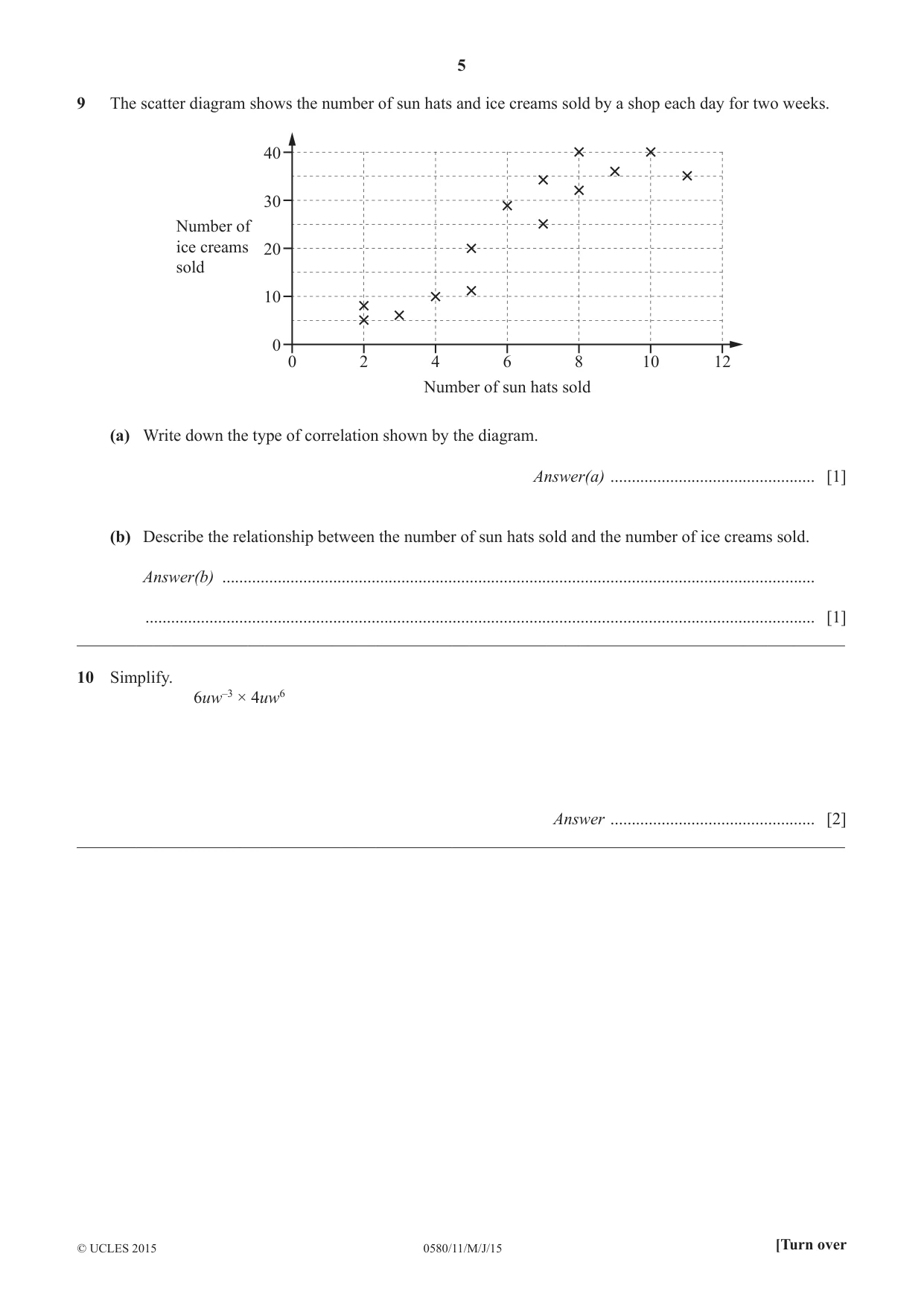 Cambridge IGCSE Mathematics 0580 2015 May/June Paper 1 · Variant 1 question paper, page 5 of 12