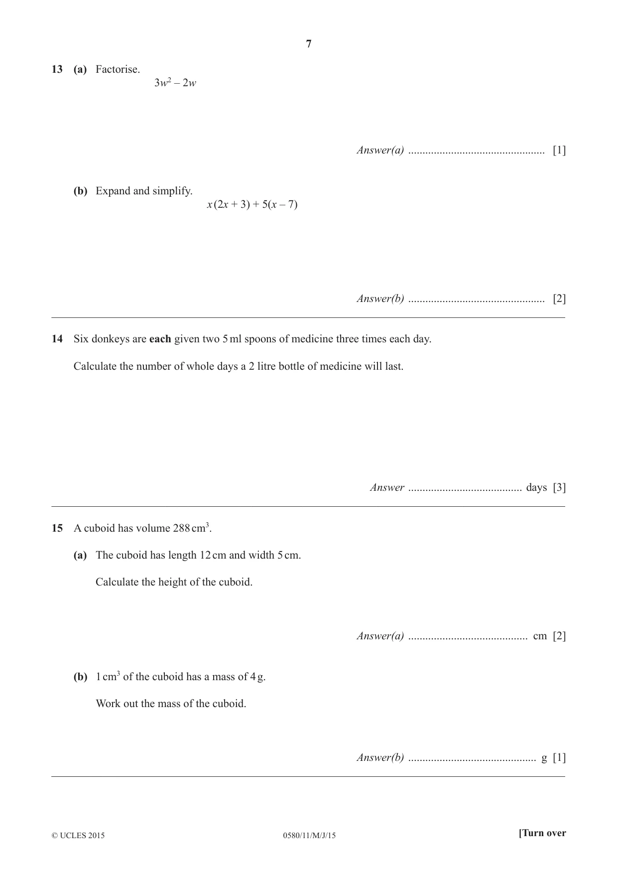Cambridge IGCSE Mathematics 0580 2015 May/June Paper 1 · Variant 1 question paper, page 7 of 12