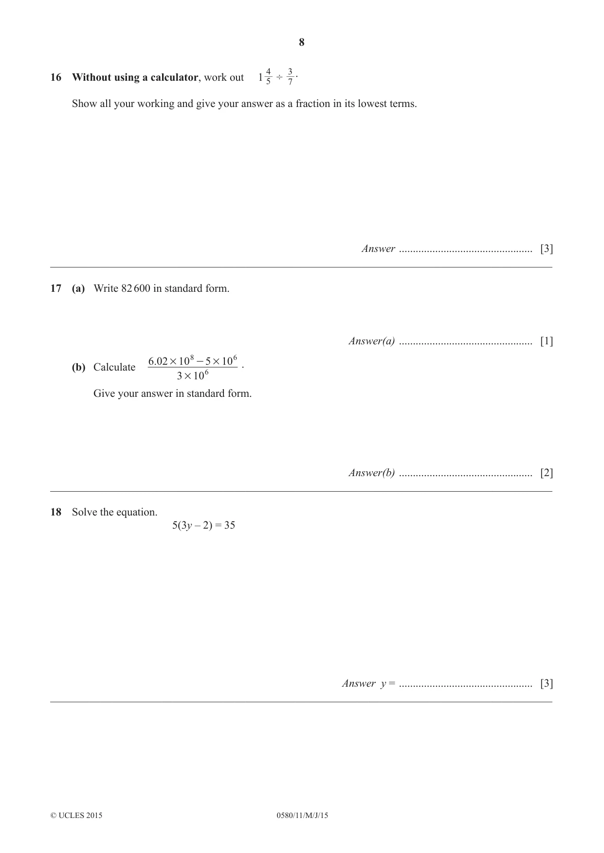 Cambridge IGCSE Mathematics 0580 2015 May/June Paper 1 · Variant 1 question paper, page 8 of 12