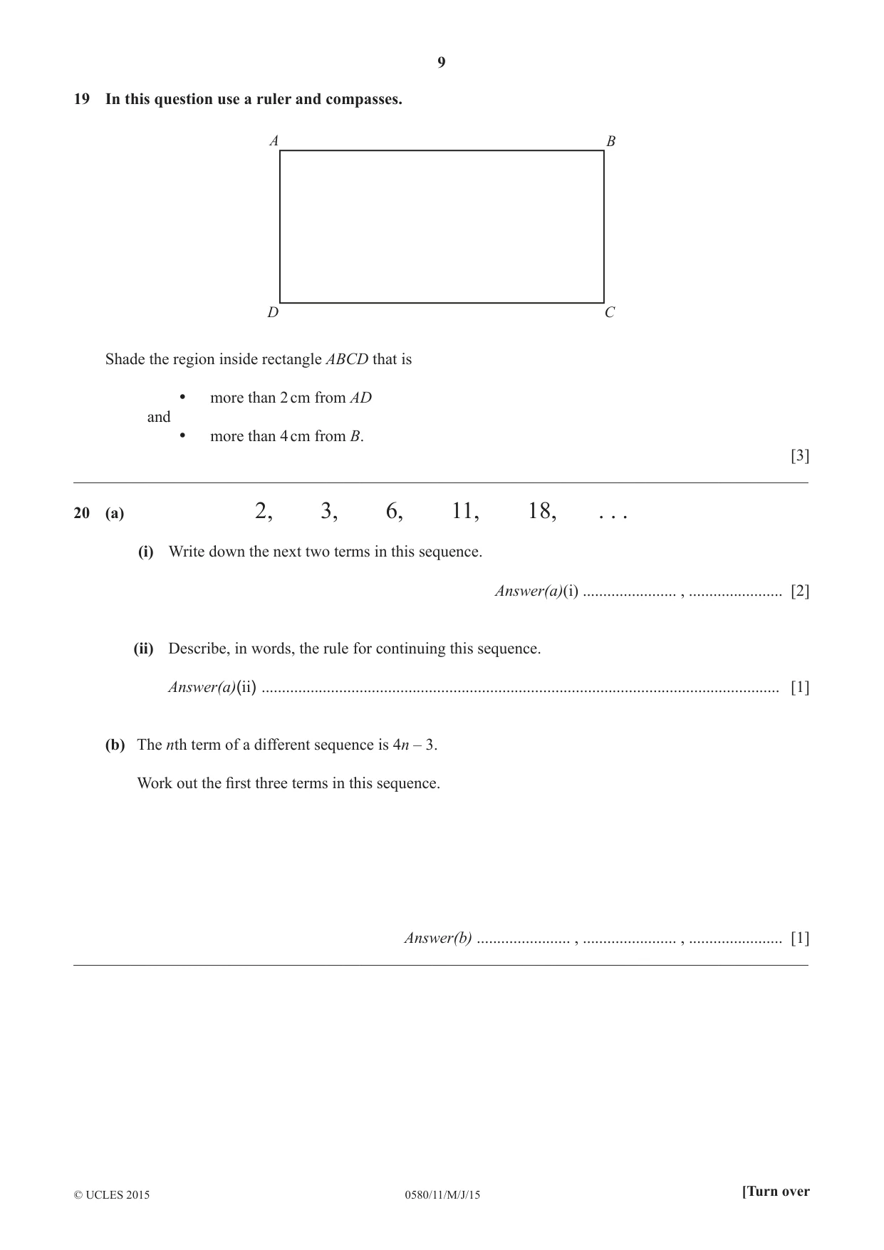 Cambridge IGCSE Mathematics 0580 2015 May/June Paper 1 · Variant 1 question paper, page 9 of 12