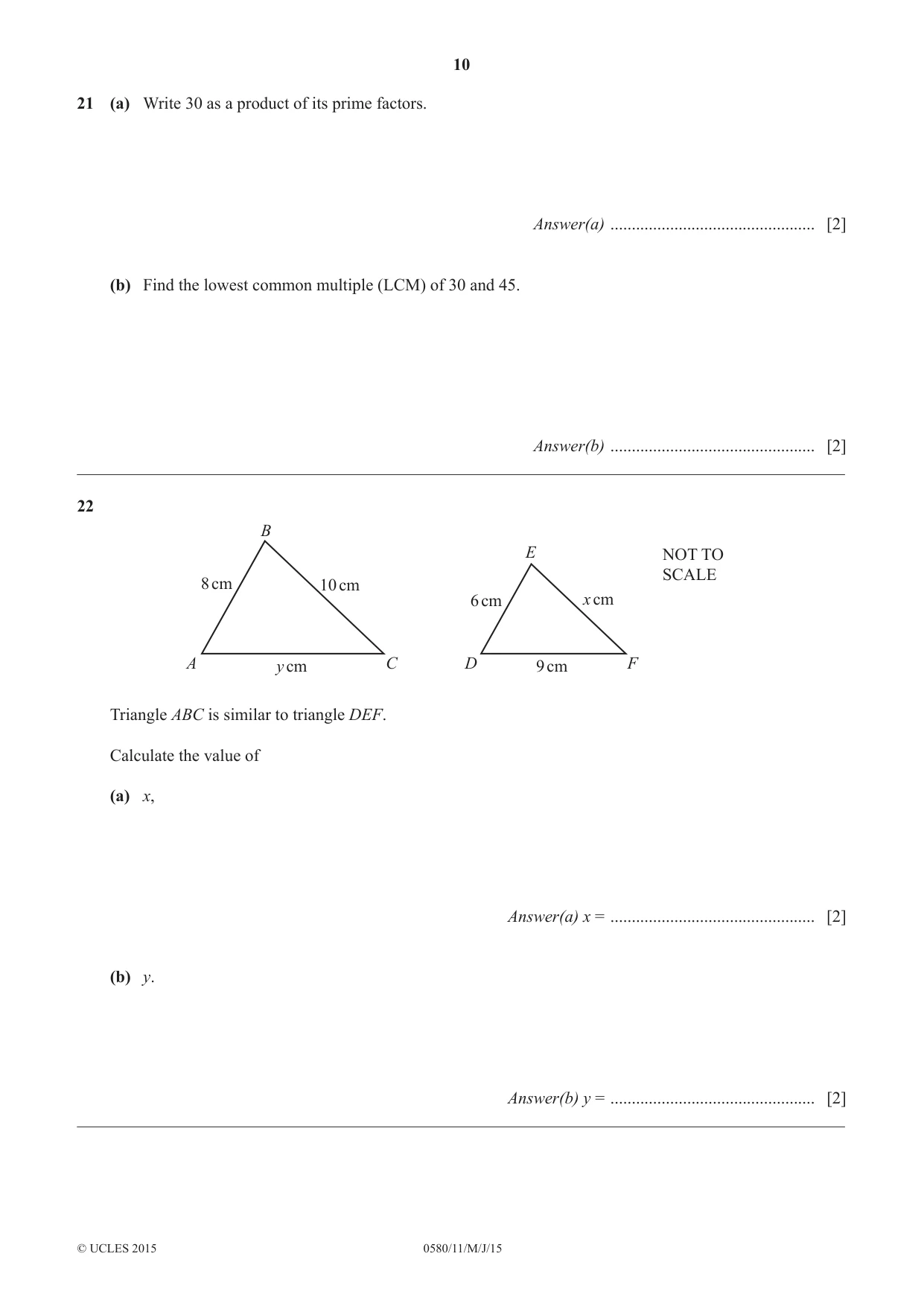Cambridge IGCSE Mathematics 0580 2015 May/June Paper 1 · Variant 1 question paper, page 10 of 12