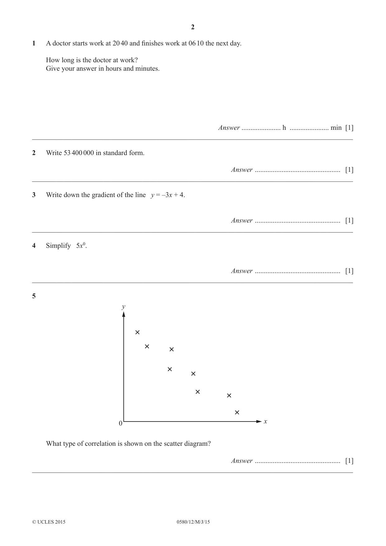 Cambridge IGCSE Mathematics 0580 2015 May/June Paper 1 · Variant 2 question paper, page 2 of 12