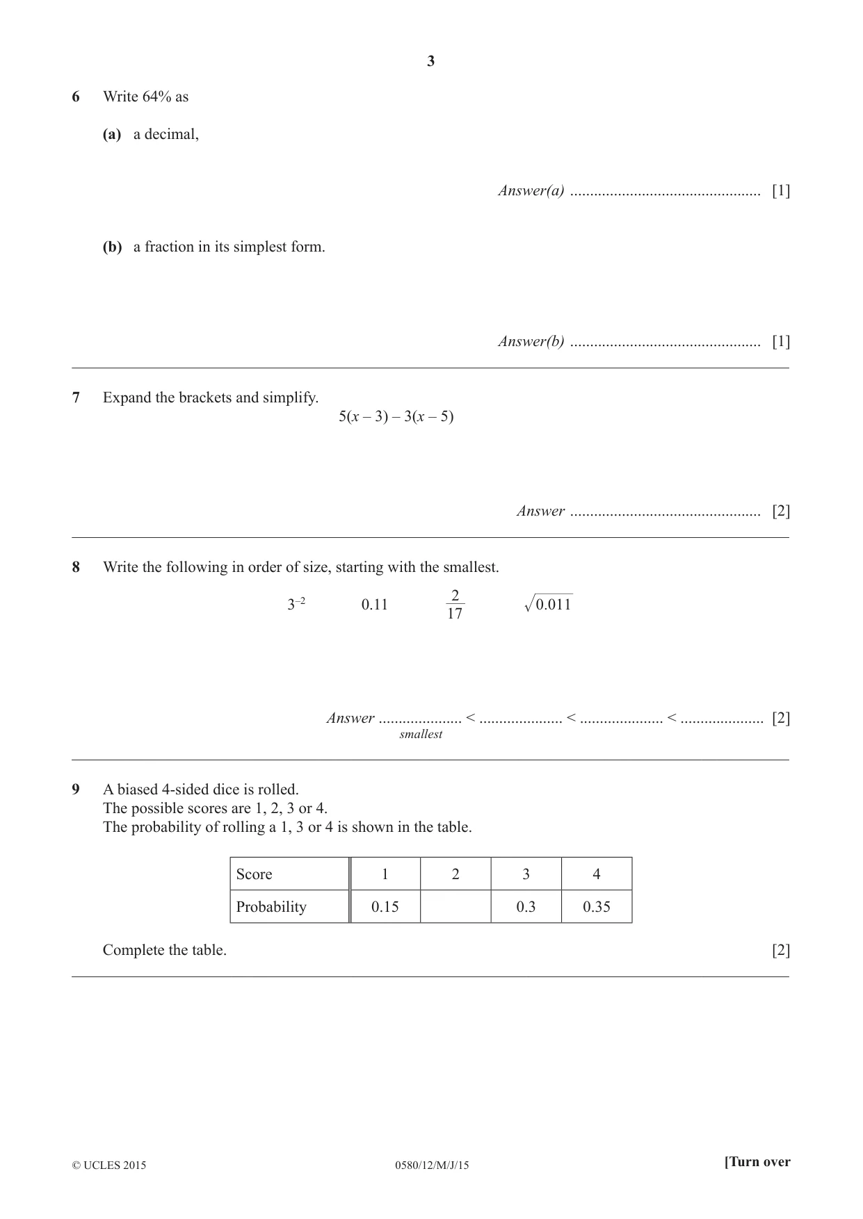 Cambridge IGCSE Mathematics 0580 2015 May/June Paper 1 · Variant 2 question paper, page 3 of 12