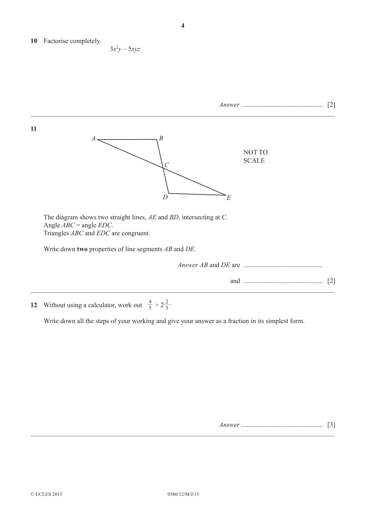 Cambridge IGCSE Mathematics 0580 2015 May/June Paper 1 · Variant 2 question paper, page 4 of 12