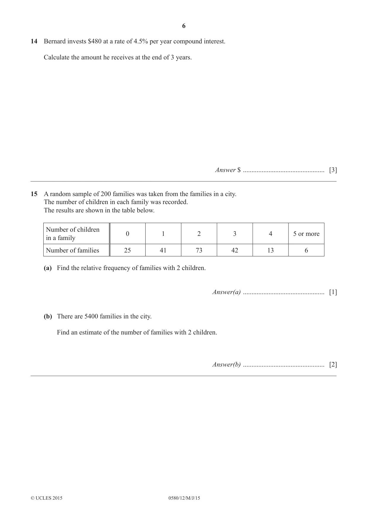 Cambridge IGCSE Mathematics 0580 2015 May/June Paper 1 · Variant 2 question paper, page 6 of 12