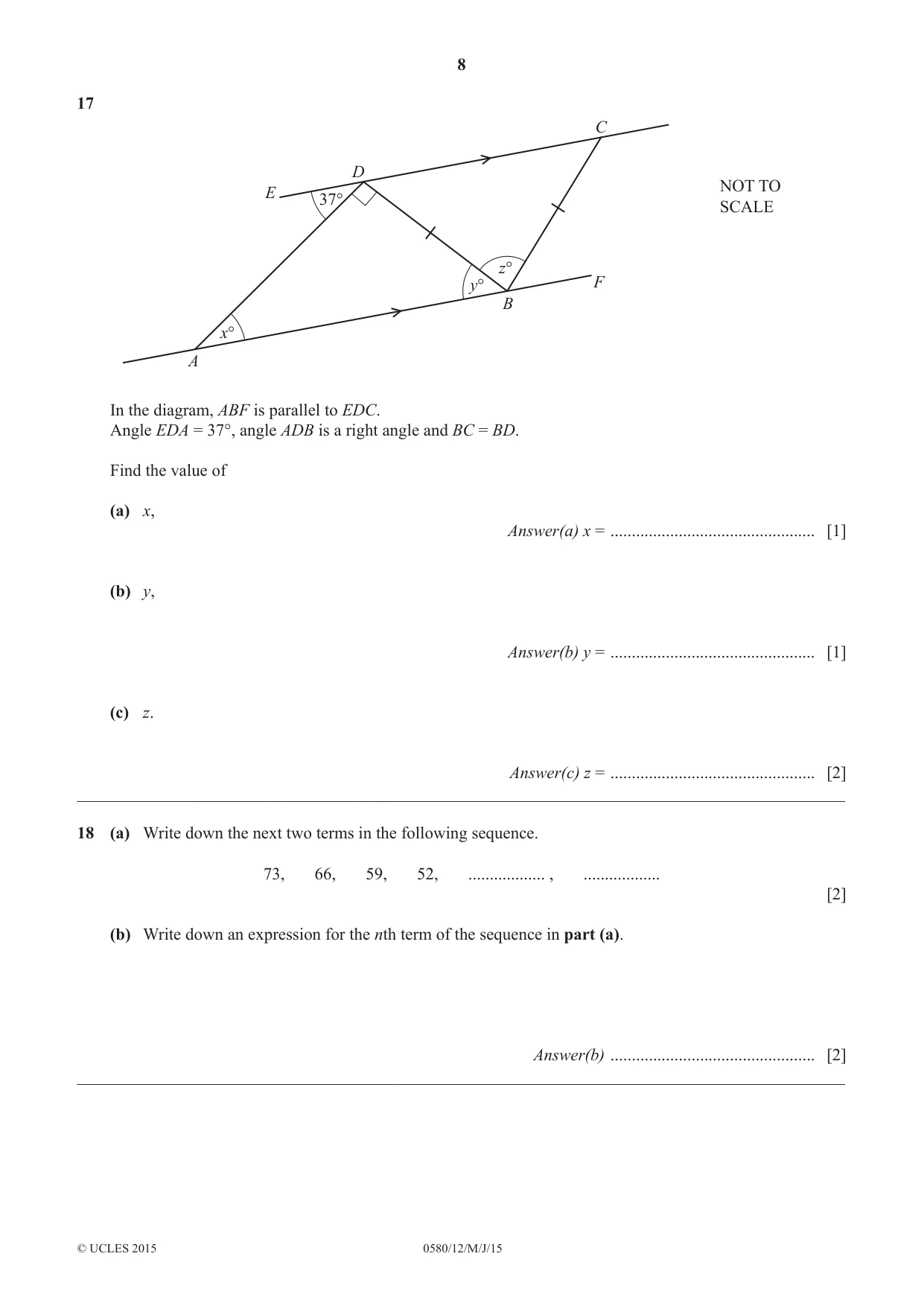 Cambridge IGCSE Mathematics 0580 2015 May/June Paper 1 · Variant 2 question paper, page 8 of 12
