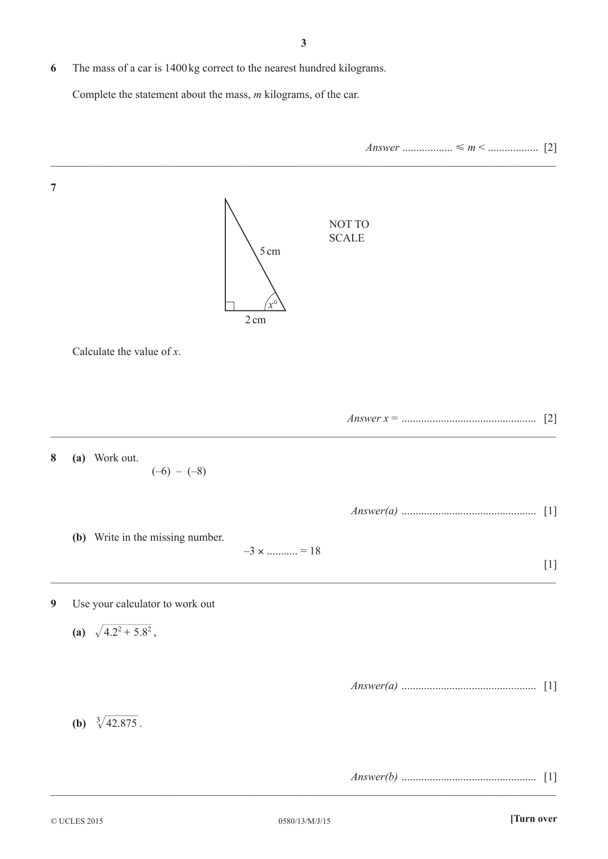 Cambridge IGCSE Mathematics 0580 2015 May/June Paper 1 · Variant 3 question paper, page 3 of 8