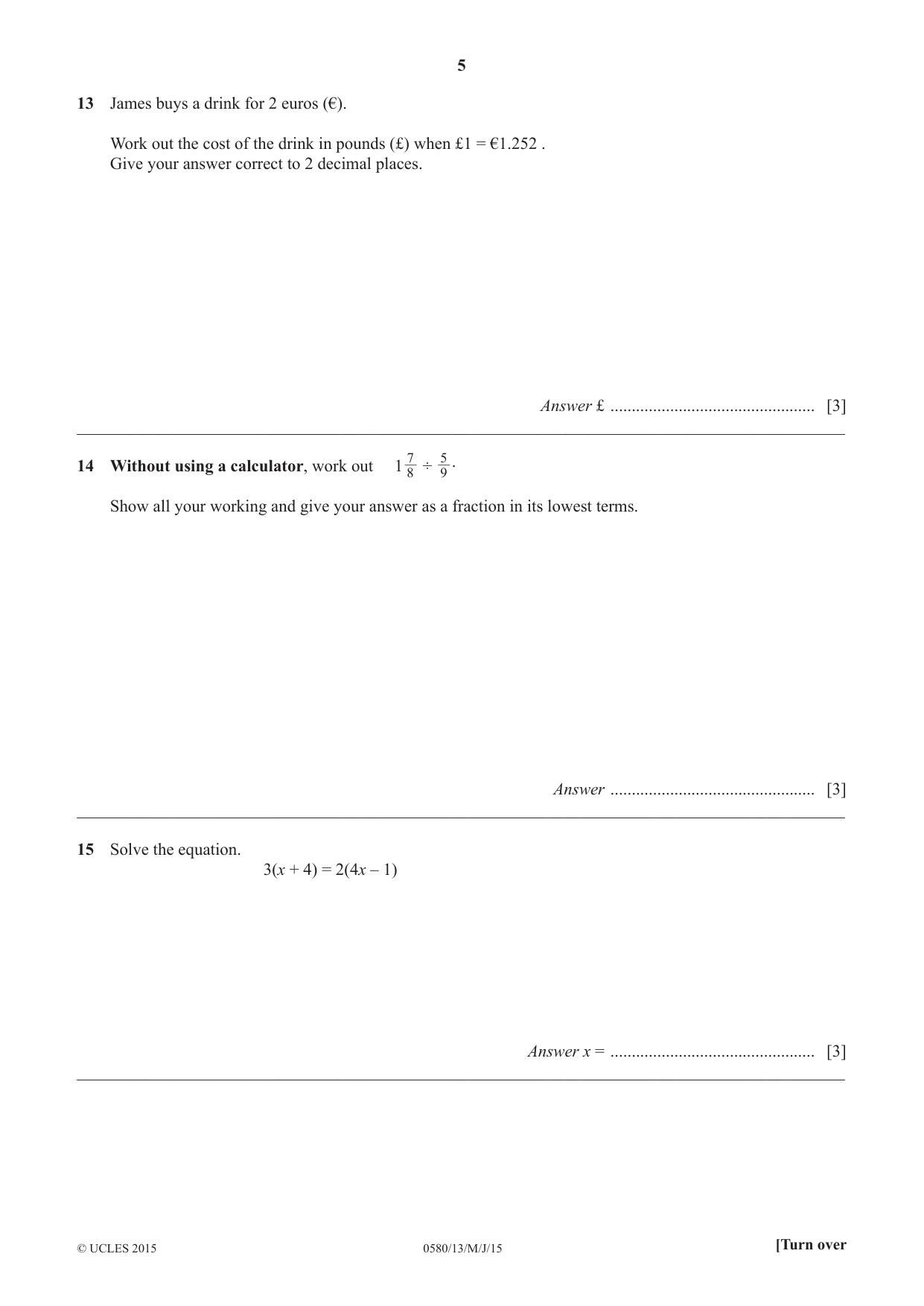 Cambridge IGCSE Mathematics 0580 2015 May/June Paper 1 · Variant 3 question paper, page 5 of 8