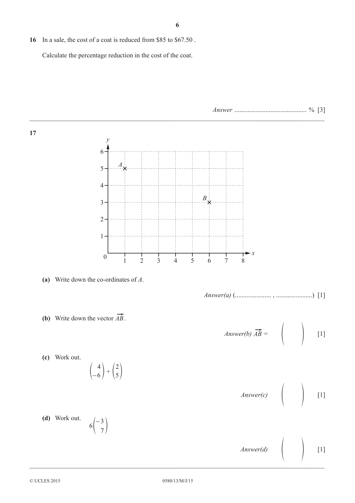 Cambridge IGCSE Mathematics 0580 2015 May/June Paper 1 · Variant 3 question paper, page 6 of 8