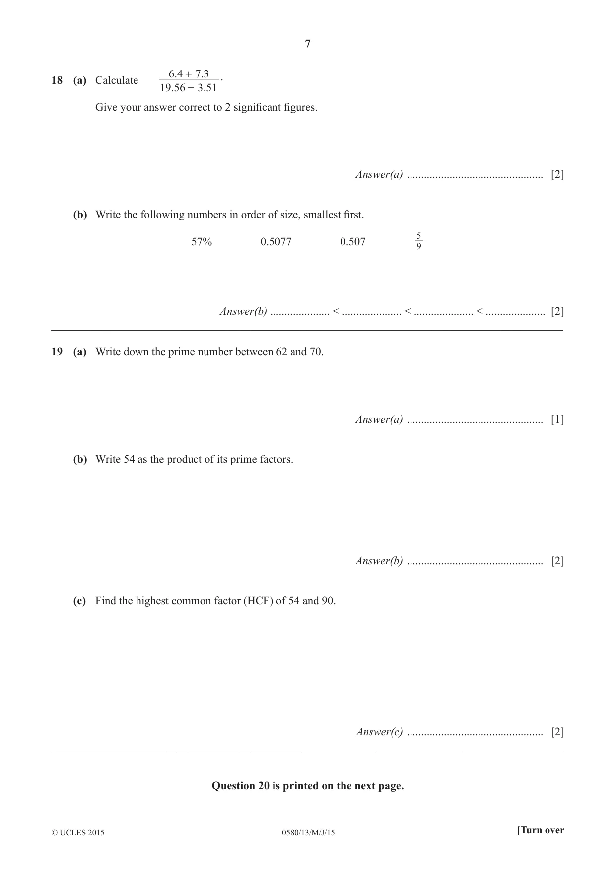 Cambridge IGCSE Mathematics 0580 2015 May/June Paper 1 · Variant 3 question paper, page 7 of 8