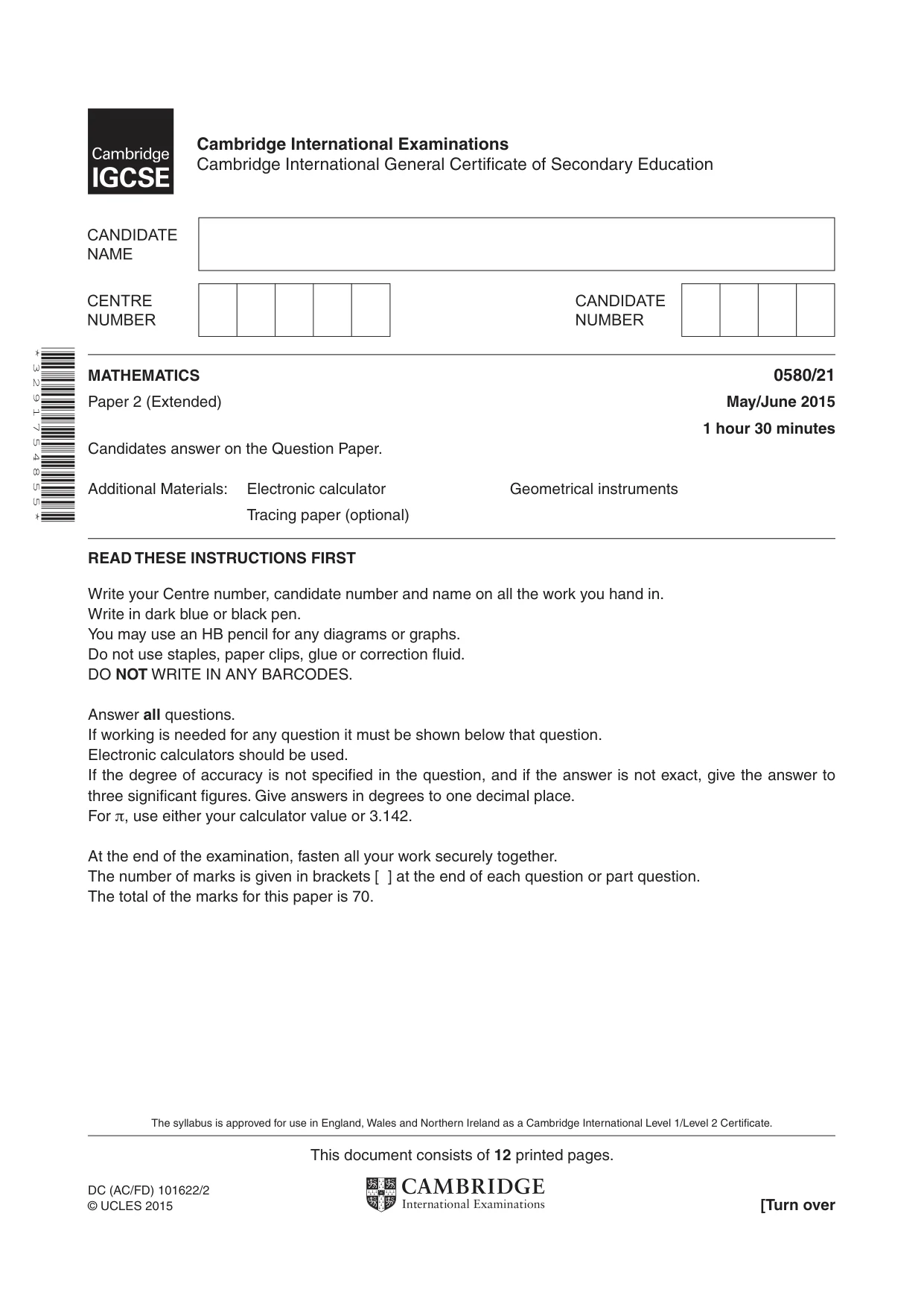 Cambridge IGCSE Mathematics 0580 2015 May/June Paper 2 · Variant 1 question paper, page 1 of 12