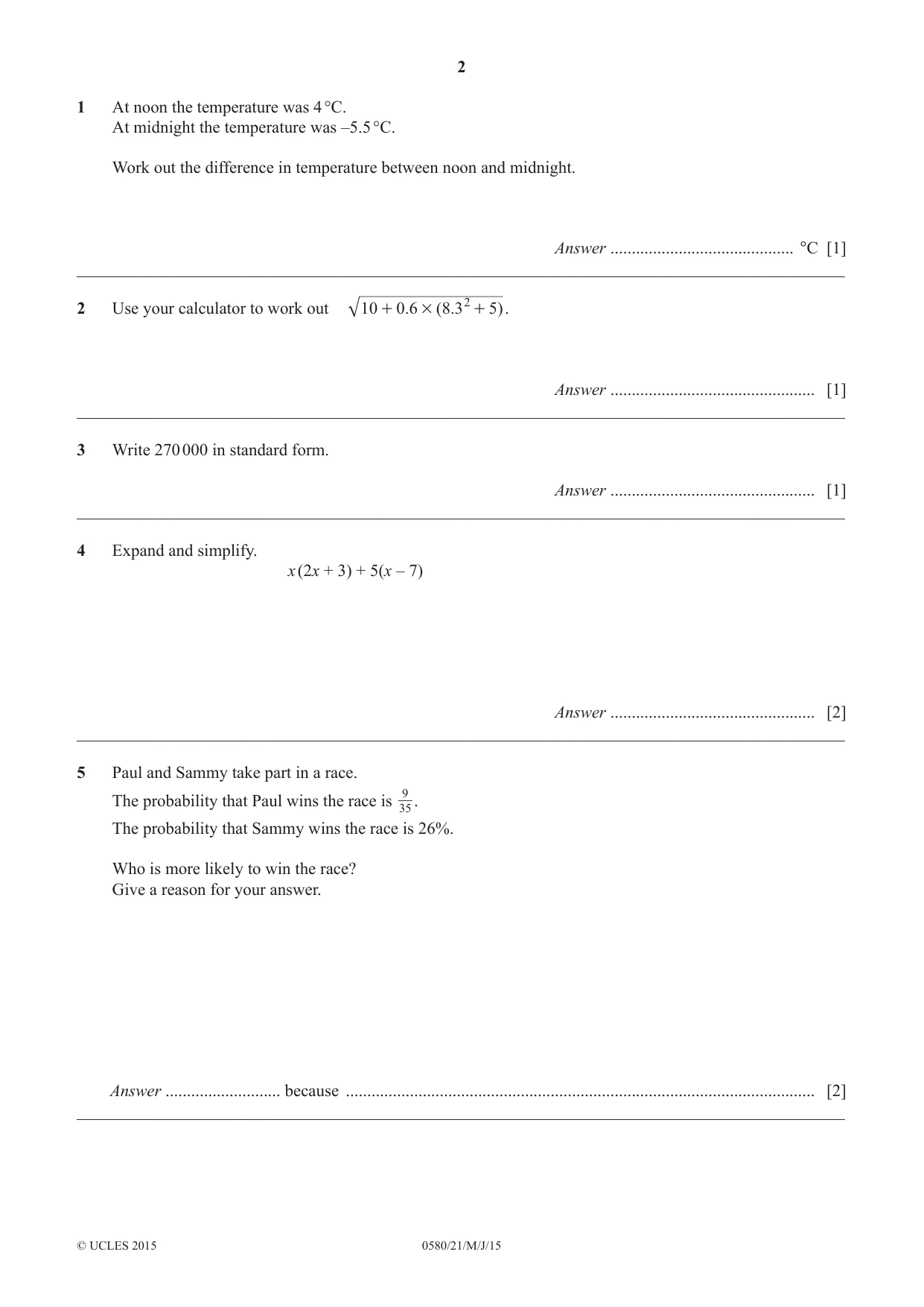 Cambridge IGCSE Mathematics 0580 2015 May/June Paper 2 · Variant 1 question paper, page 2 of 12