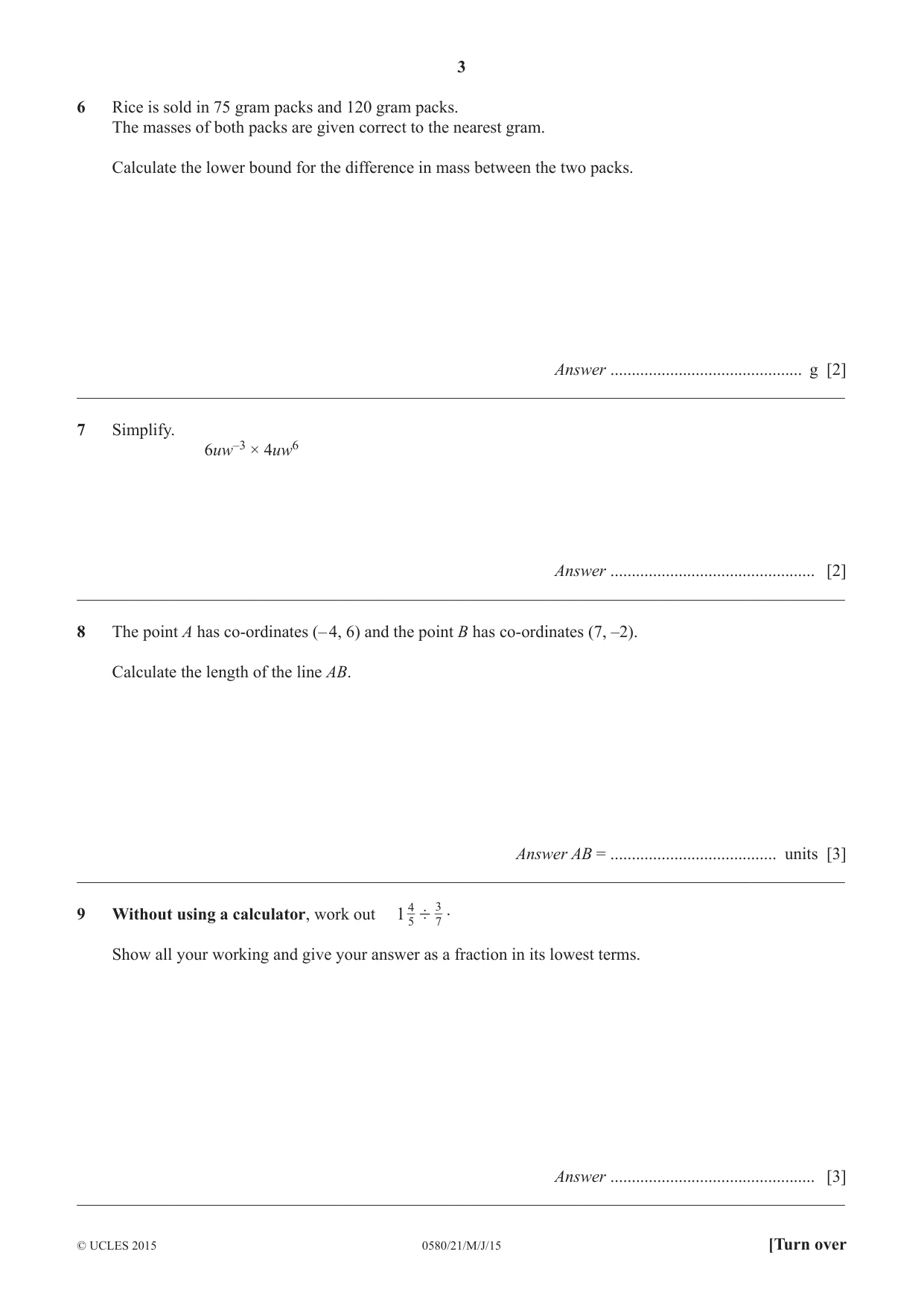 Cambridge IGCSE Mathematics 0580 2015 May/June Paper 2 · Variant 1 question paper, page 3 of 12