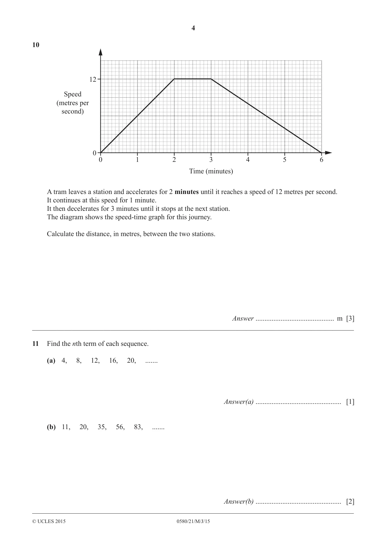 Cambridge IGCSE Mathematics 0580 2015 May/June Paper 2 · Variant 1 question paper, page 4 of 12