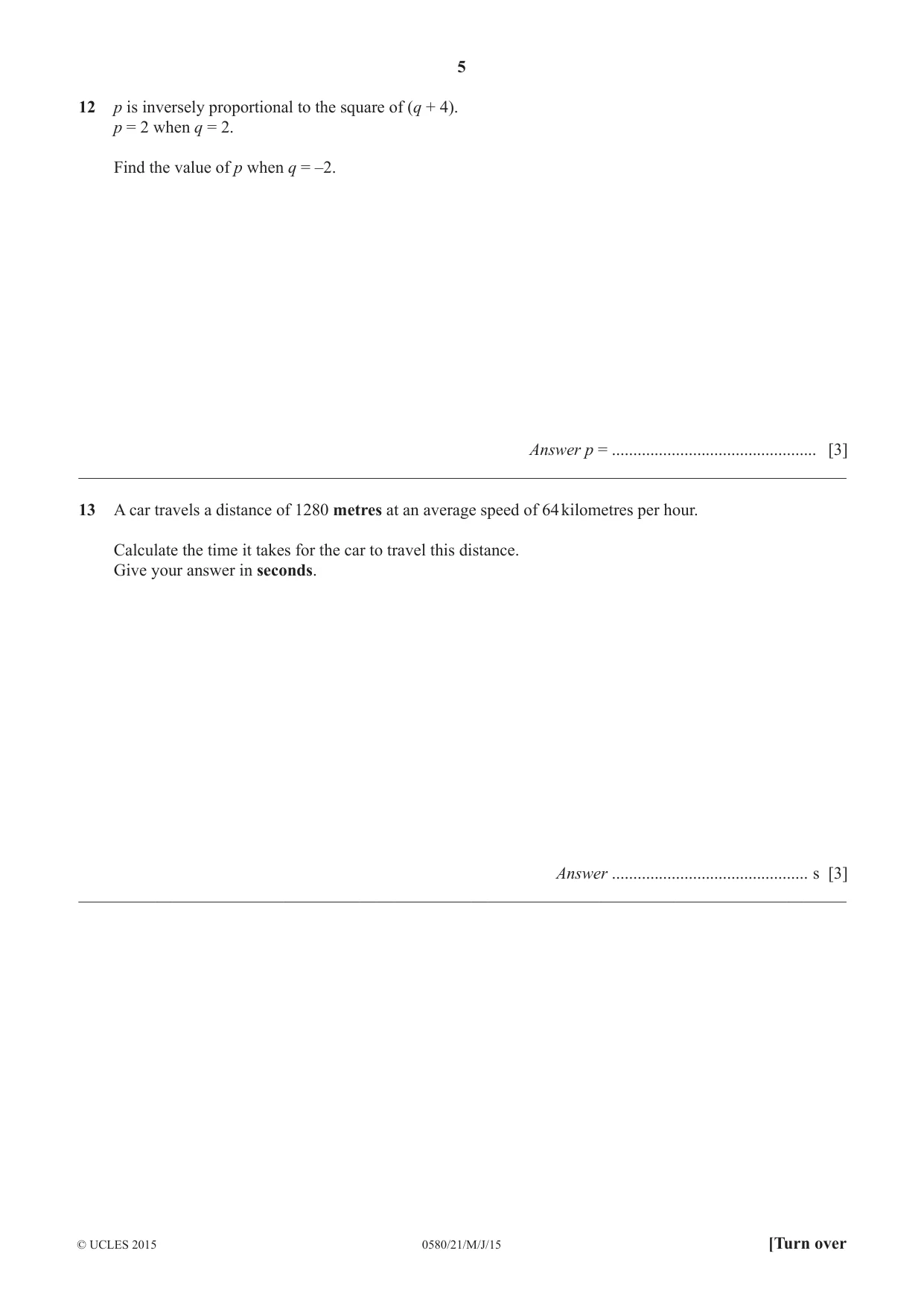 Cambridge IGCSE Mathematics 0580 2015 May/June Paper 2 · Variant 1 question paper, page 5 of 12