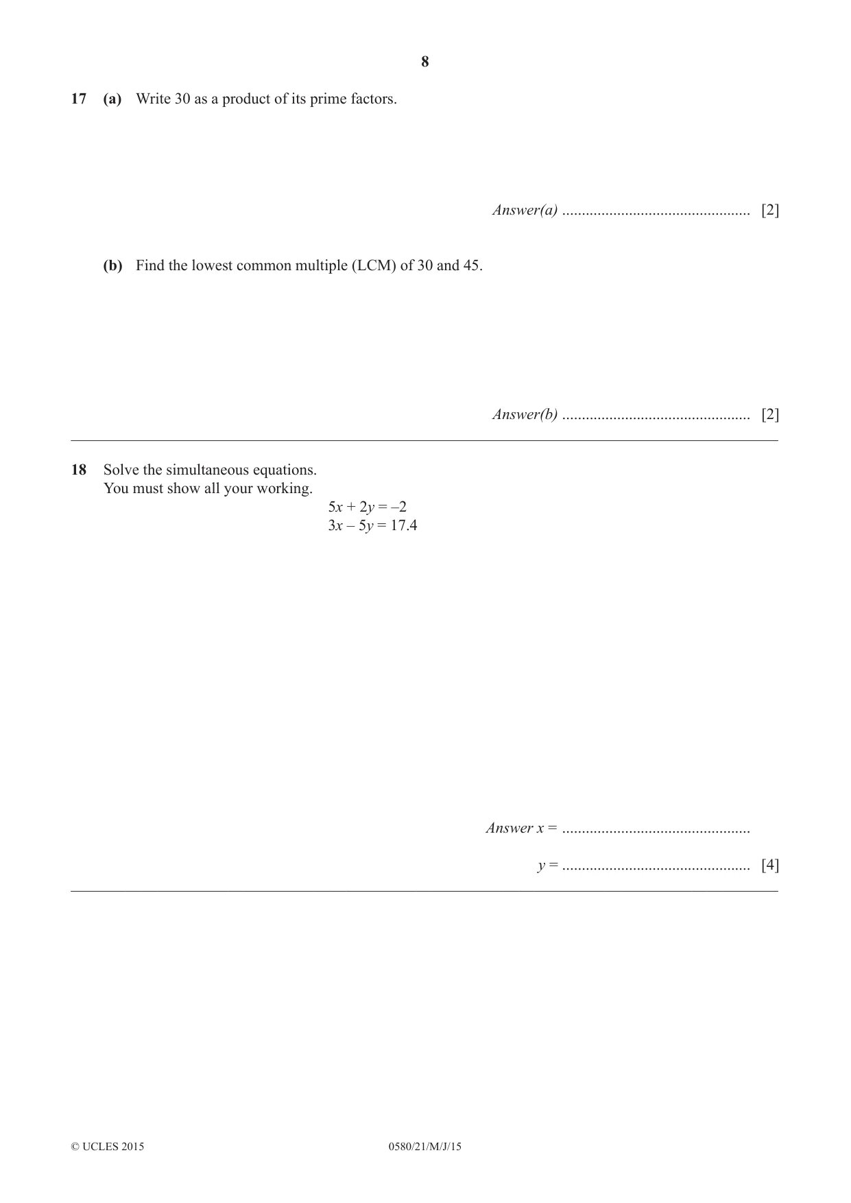 Cambridge IGCSE Mathematics 0580 2015 May/June Paper 2 · Variant 1 question paper, page 8 of 12