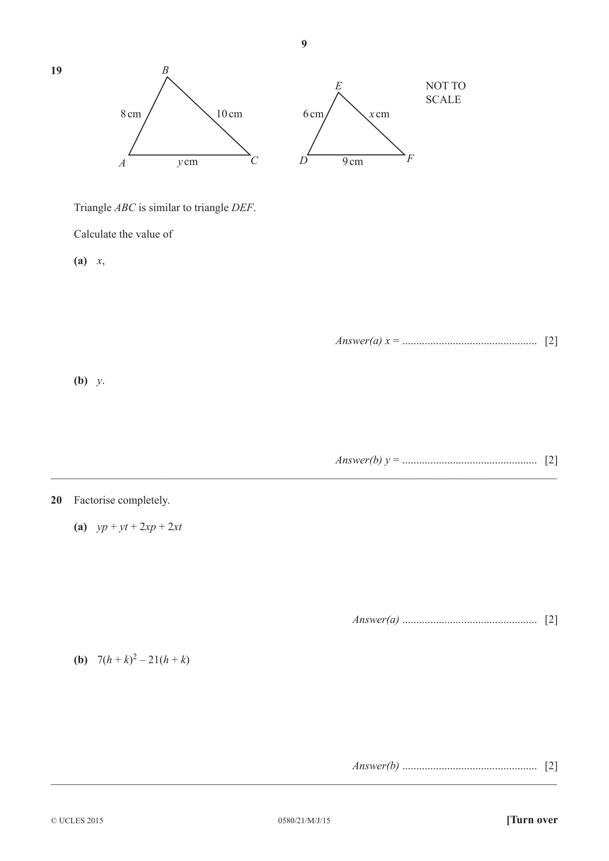 Cambridge IGCSE Mathematics 0580 2015 May/June Paper 2 · Variant 1 question paper, page 9 of 12