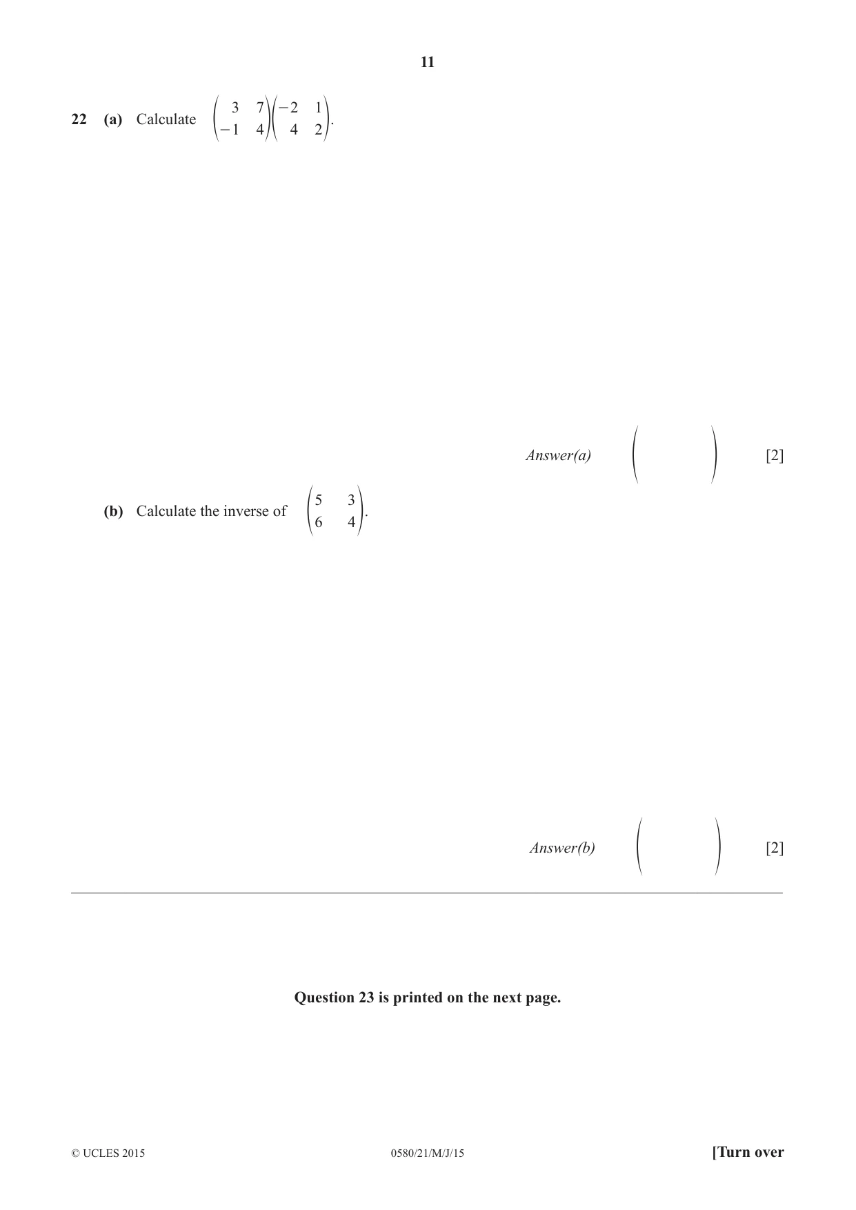 Cambridge IGCSE Mathematics 0580 2015 May/June Paper 2 · Variant 1 question paper, page 11 of 12