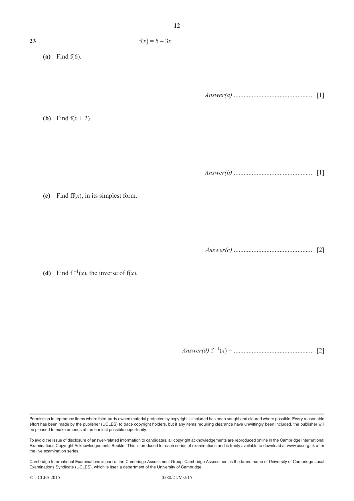 Cambridge IGCSE Mathematics 0580 2015 May/June Paper 2 · Variant 1 question paper, page 12 of 12