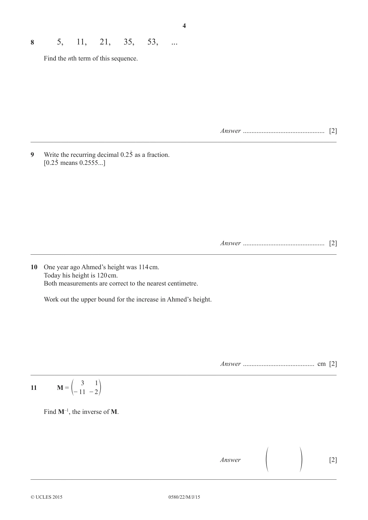 Cambridge IGCSE Mathematics 0580 2015 May/June Paper 2 · Variant 2 question paper, page 4 of 16