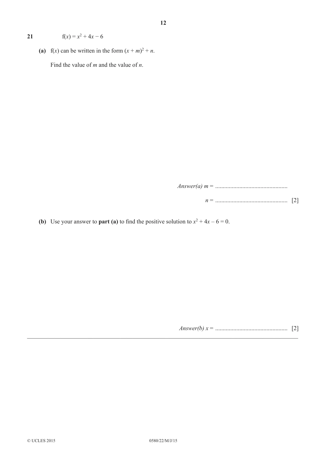 Cambridge IGCSE Mathematics 0580 2015 May/June Paper 2 · Variant 2 question paper, page 12 of 16