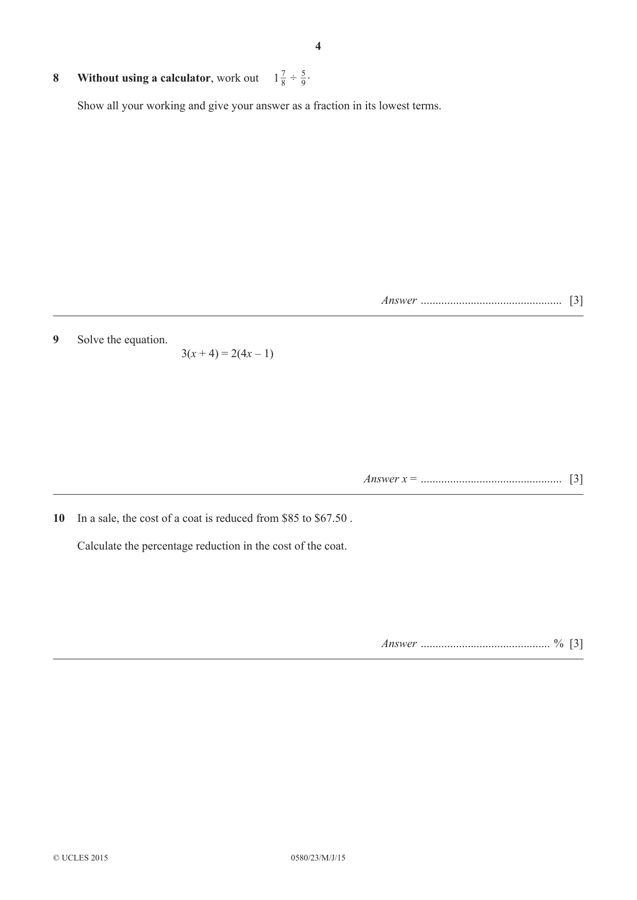 Cambridge IGCSE Mathematics 0580 2015 May/June Paper 2 · Variant 3 question paper, page 4 of 12