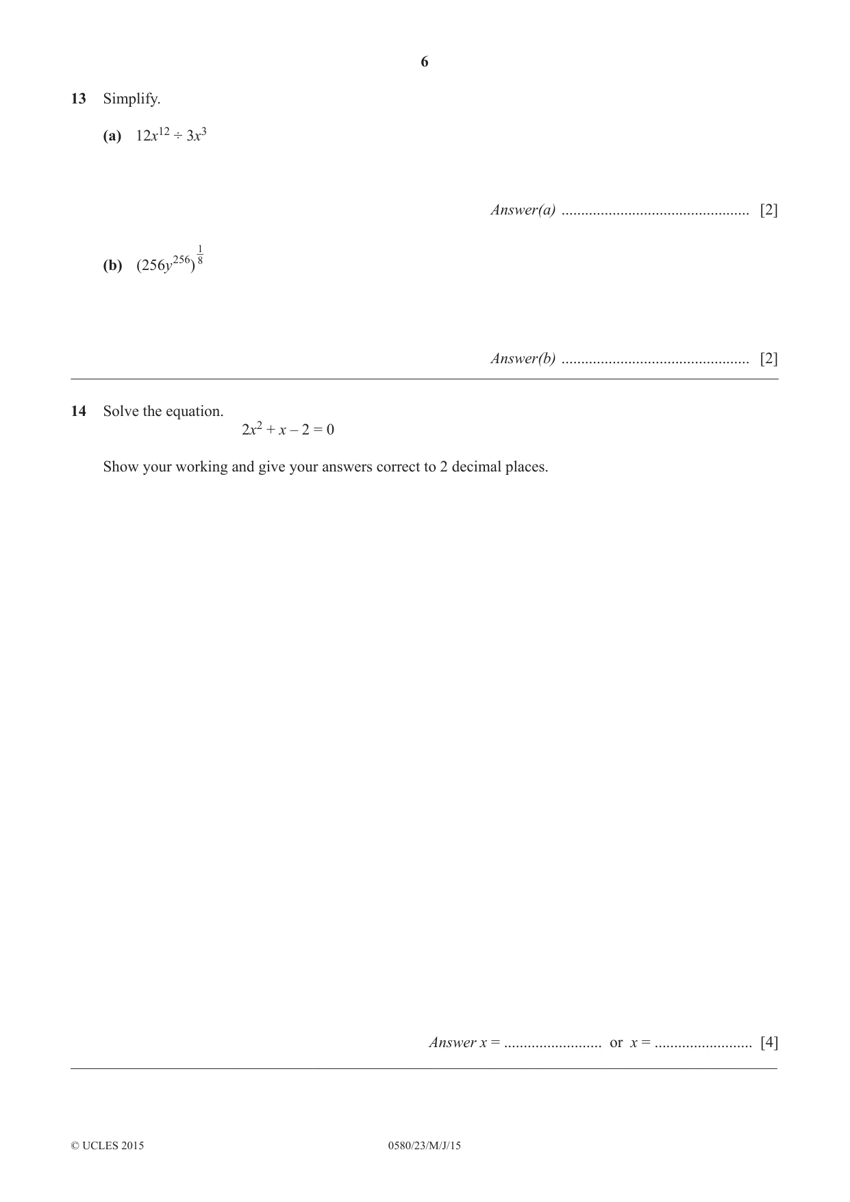 Cambridge IGCSE Mathematics 0580 2015 May/June Paper 2 · Variant 3 question paper, page 6 of 12