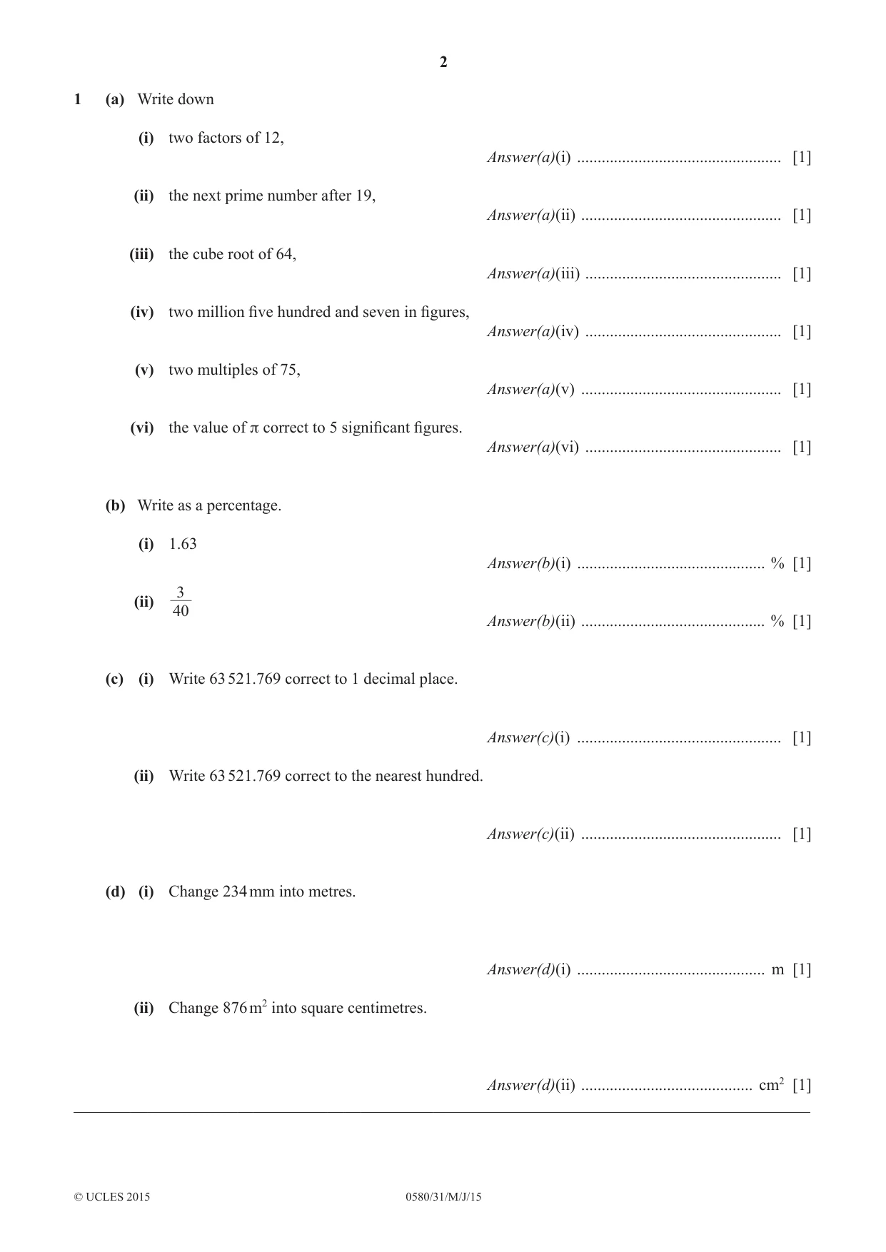 Cambridge IGCSE Mathematics 0580 2015 May/June Paper 3 · Variant 1 question paper, page 2 of 16