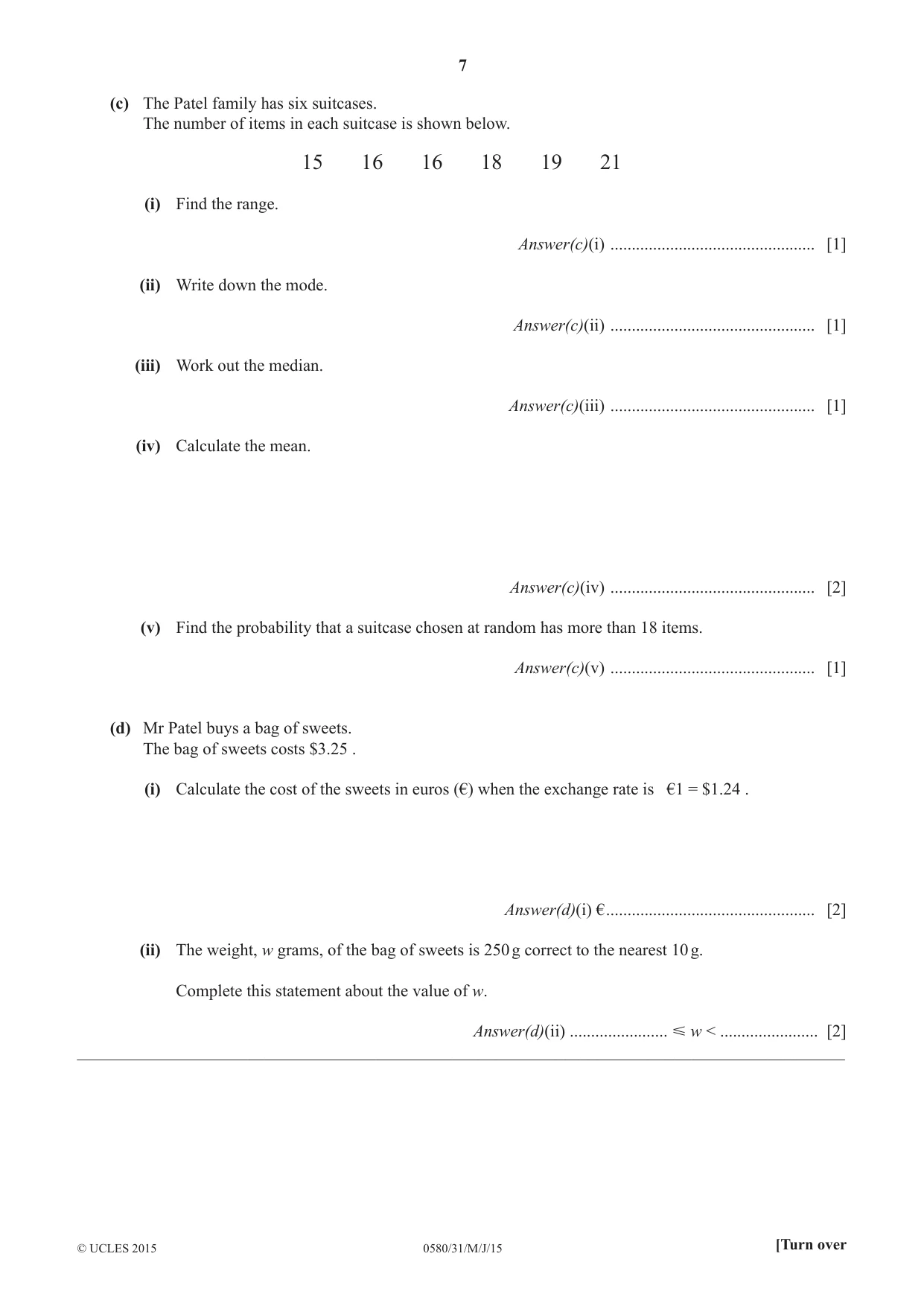 Cambridge IGCSE Mathematics 0580 2015 May/June Paper 3 · Variant 1 question paper, page 7 of 16