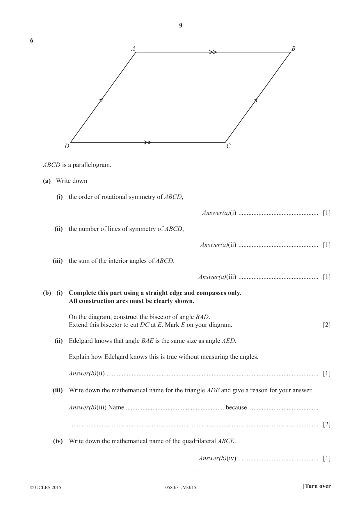 Cambridge IGCSE Mathematics 0580 2015 May/June Paper 3 · Variant 1 question paper, page 9 of 16