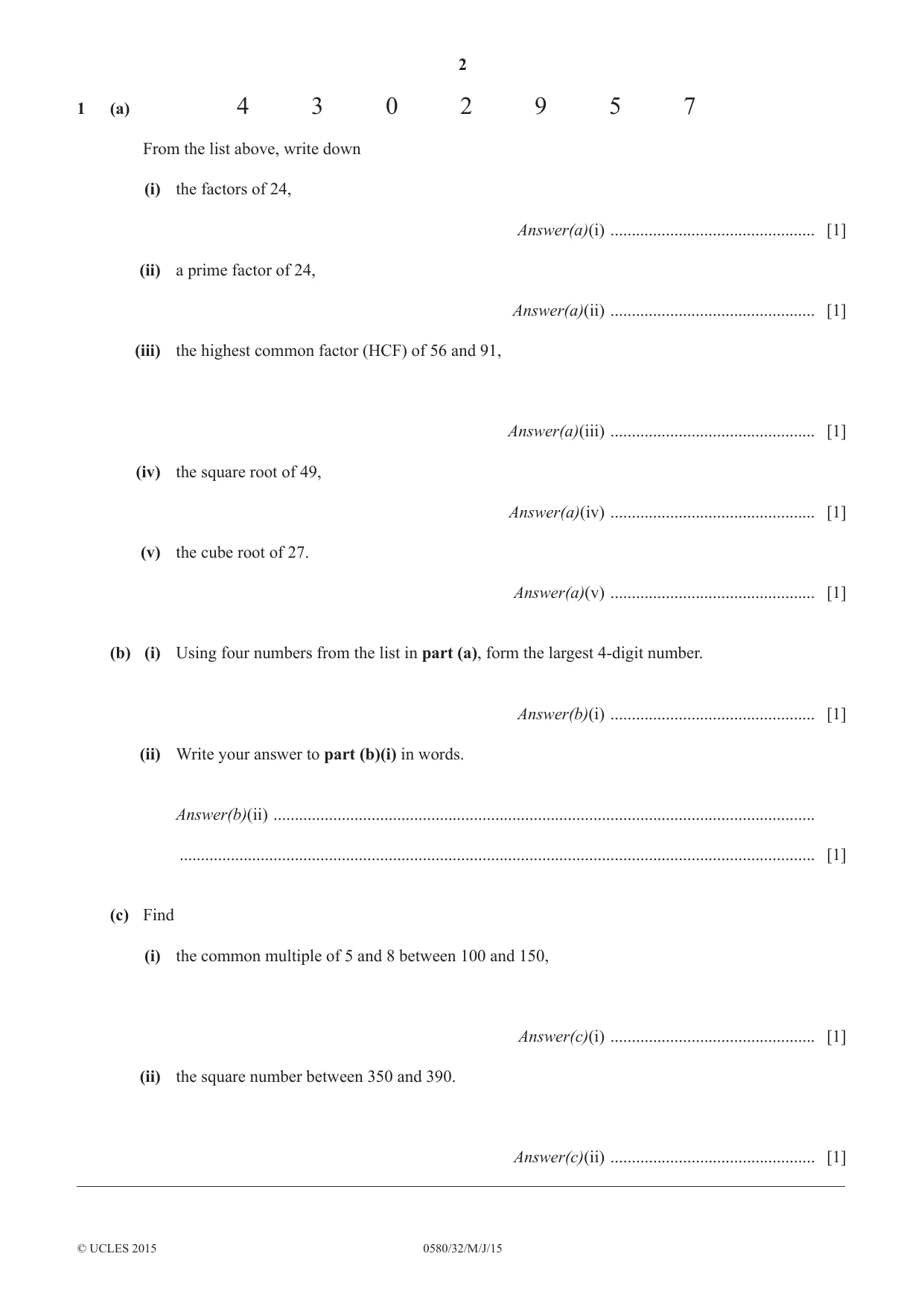 Cambridge IGCSE Mathematics 0580 2015 May/June Paper 3 · Variant 2 question paper, page 2 of 16