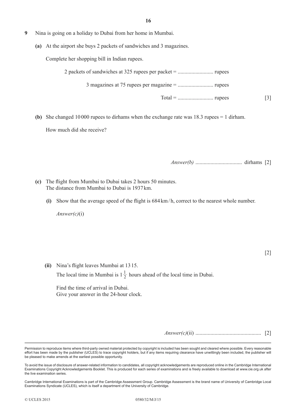 Cambridge IGCSE Mathematics 0580 2015 May/June Paper 3 · Variant 2 question paper, page 16 of 16