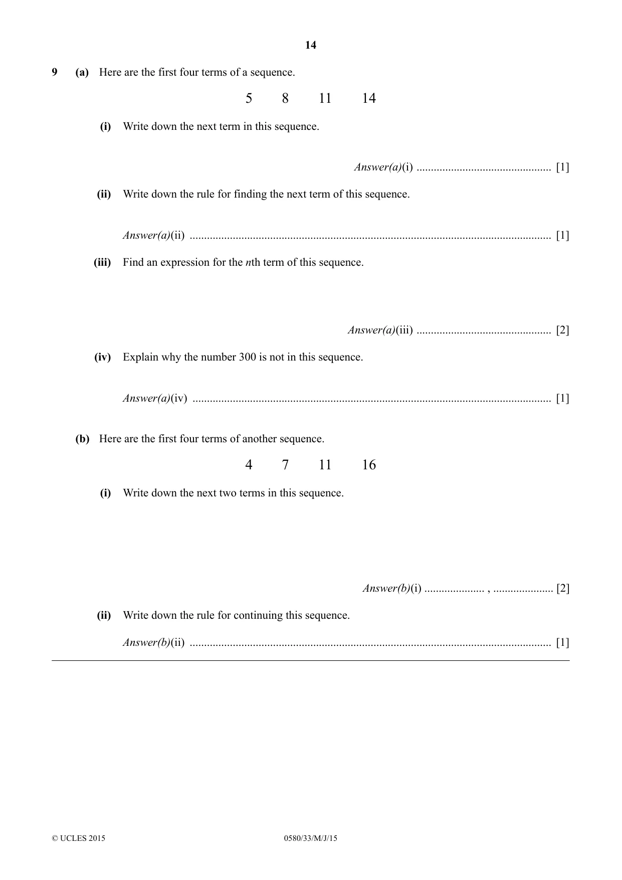 Cambridge IGCSE Mathematics 0580 2015 May/June Paper 3 · Variant 3 question paper, page 14 of 16