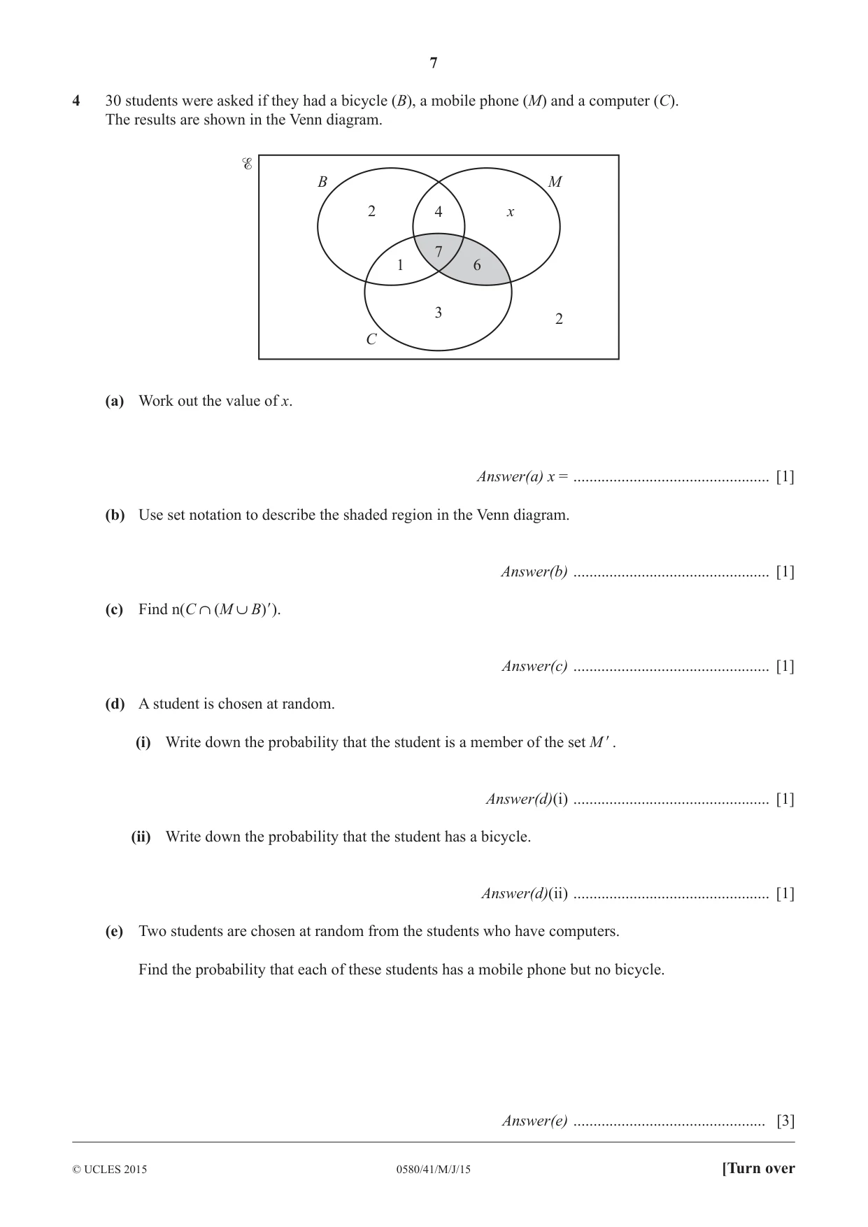 Cambridge IGCSE Mathematics 0580 2015 May/June Paper 4 · Variant 1 question paper, page 7 of 20
